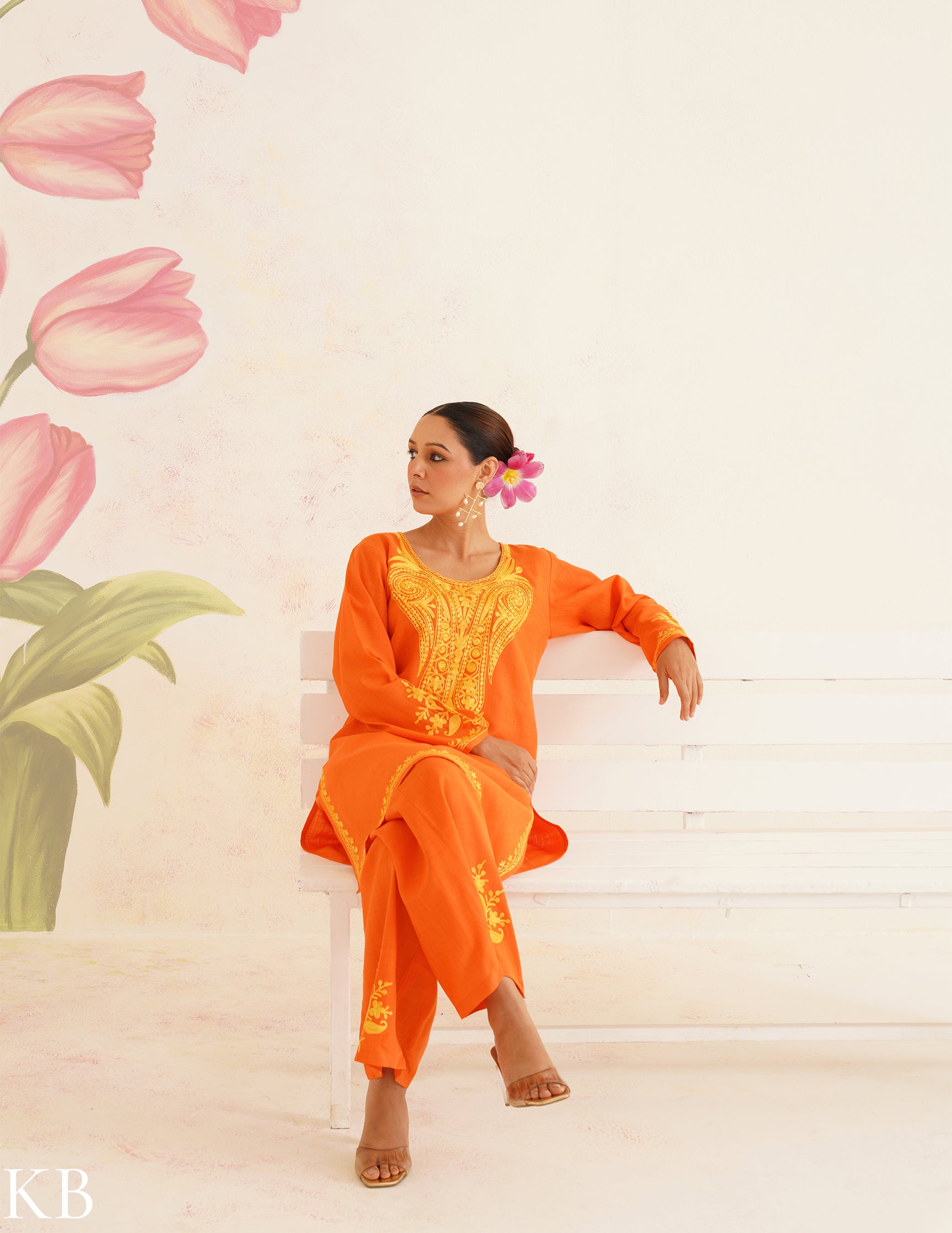 Orange Cotton Coordset with Golden Aari Embroidery | Bahaar Collection 2025 - Kashmir Box