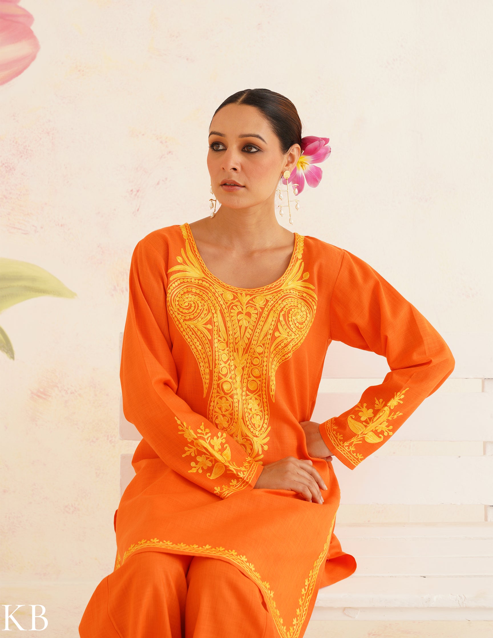 Orange Cotton Coordset with Golden Aari Embroidery | Bahaar Collection 2025 - Kashmir Box