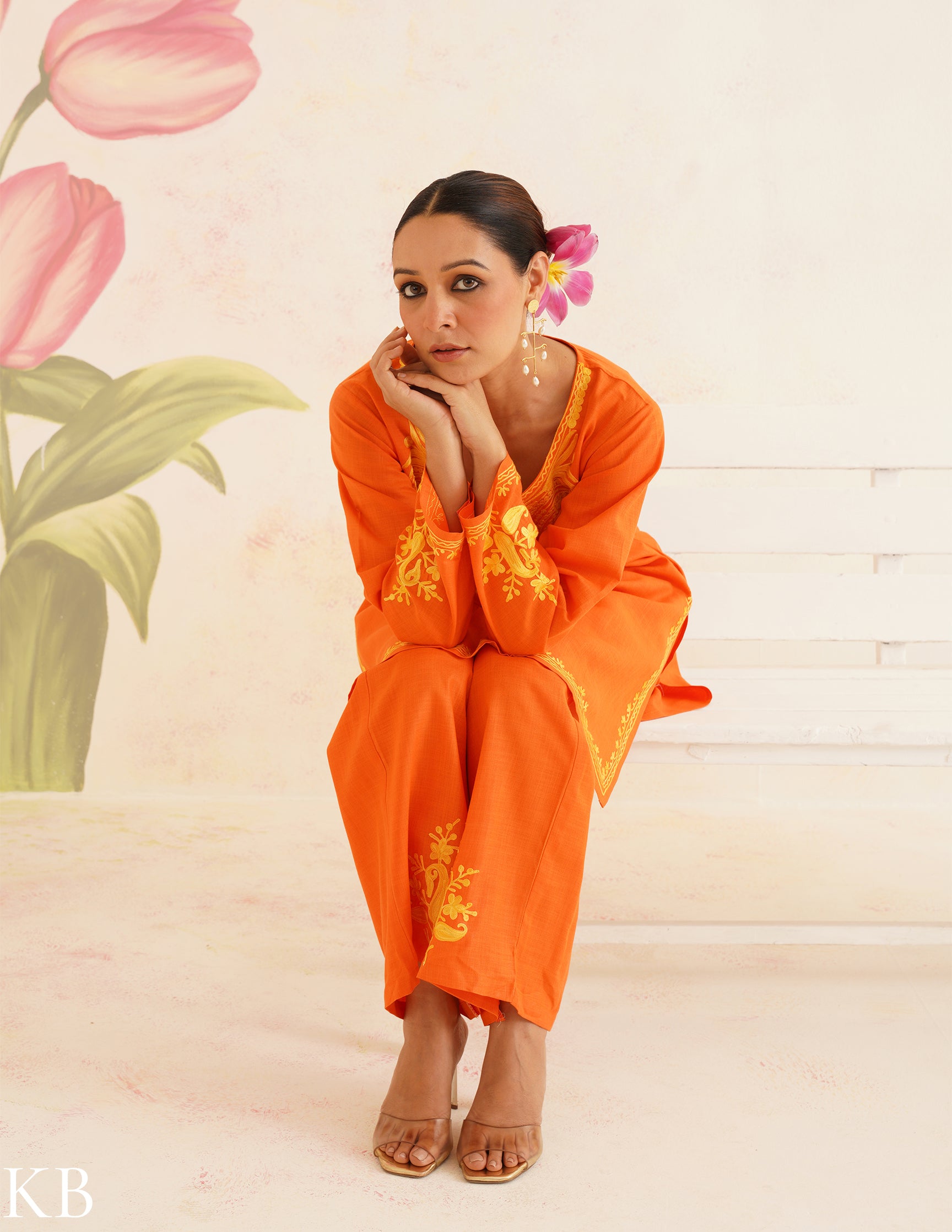 Orange Cotton Coordset with Golden Aari Embroidery | Bahaar Collection 2025 - Kashmir Box