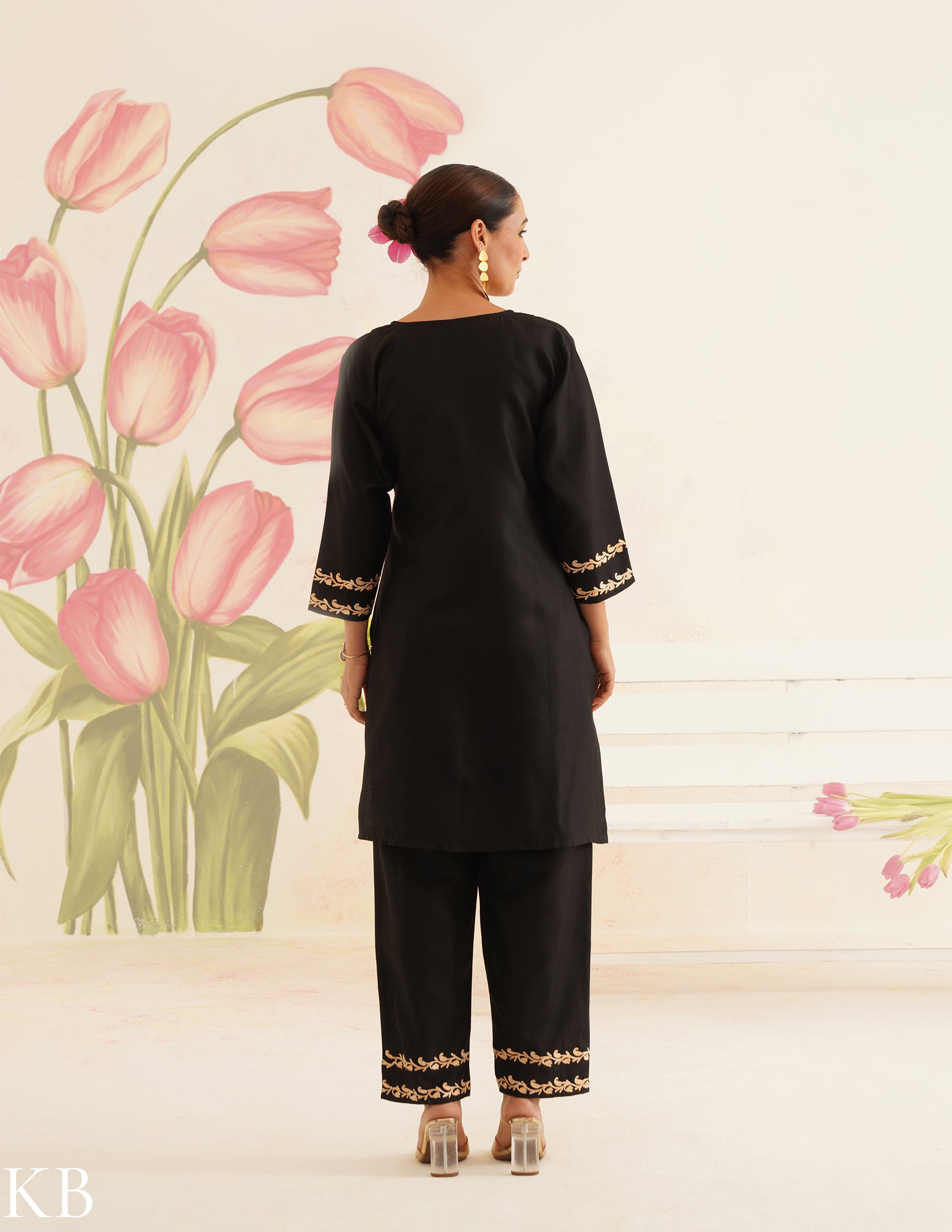 Black Cotton Coordset with Beige Floral Embroidery | Bahaar Collection 2025 - Kashmir Box