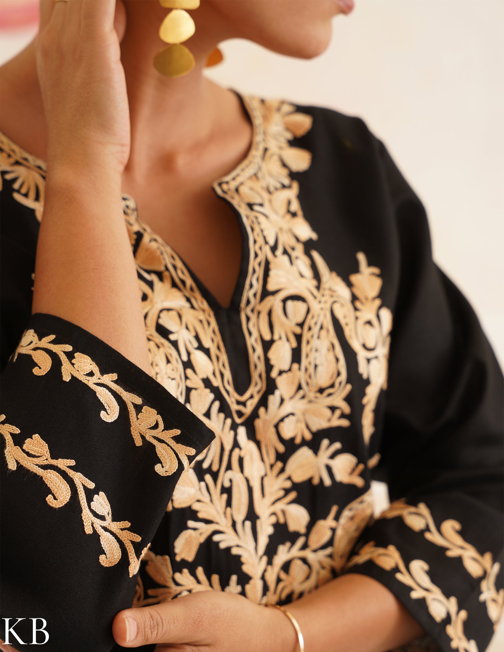 Black Cotton Coordset with Beige Floral Embroidery | Bahaar Collection 2025 - Kashmir Box