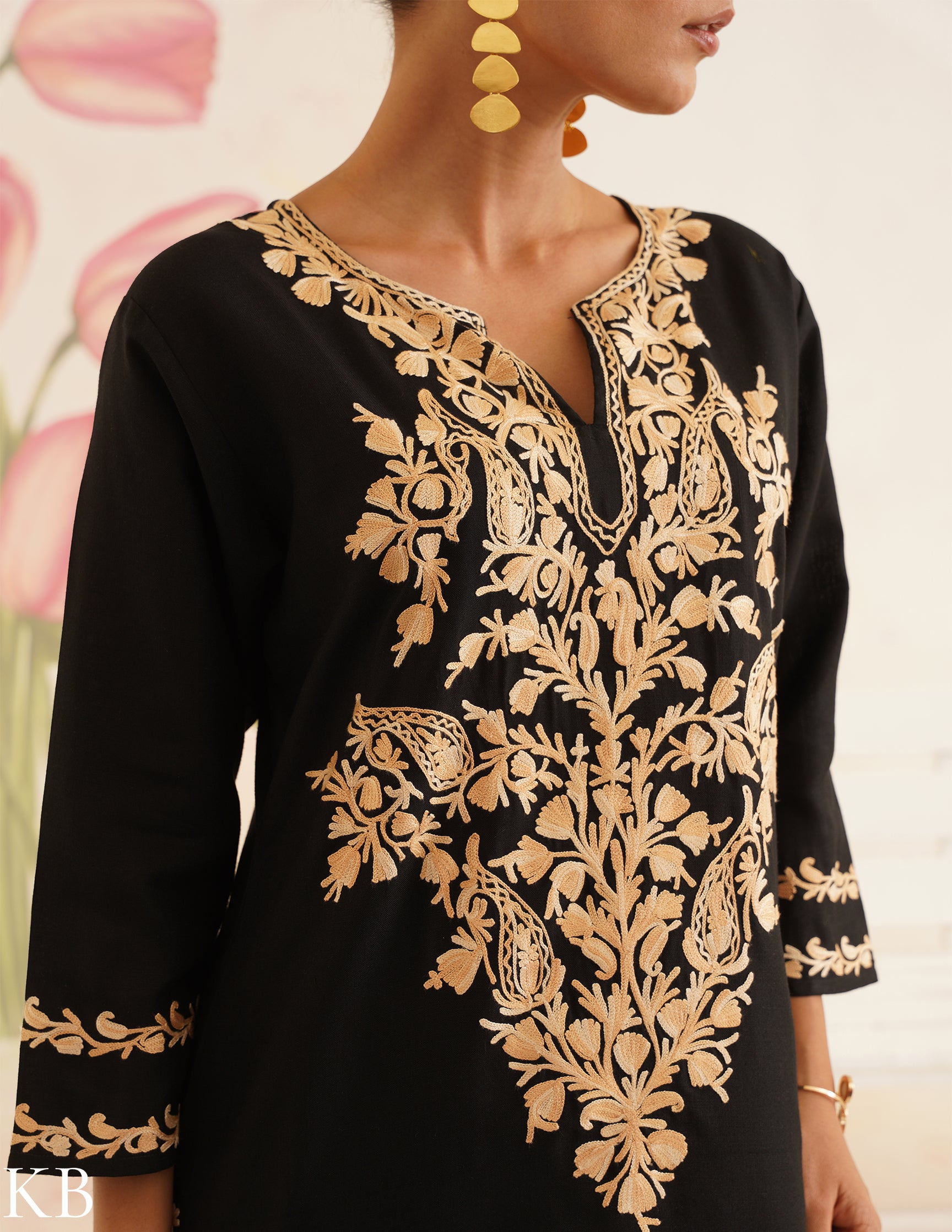 Black Cotton Coordset with Beige Floral Embroidery | Bahaar Collection 2025 - Kashmir Box