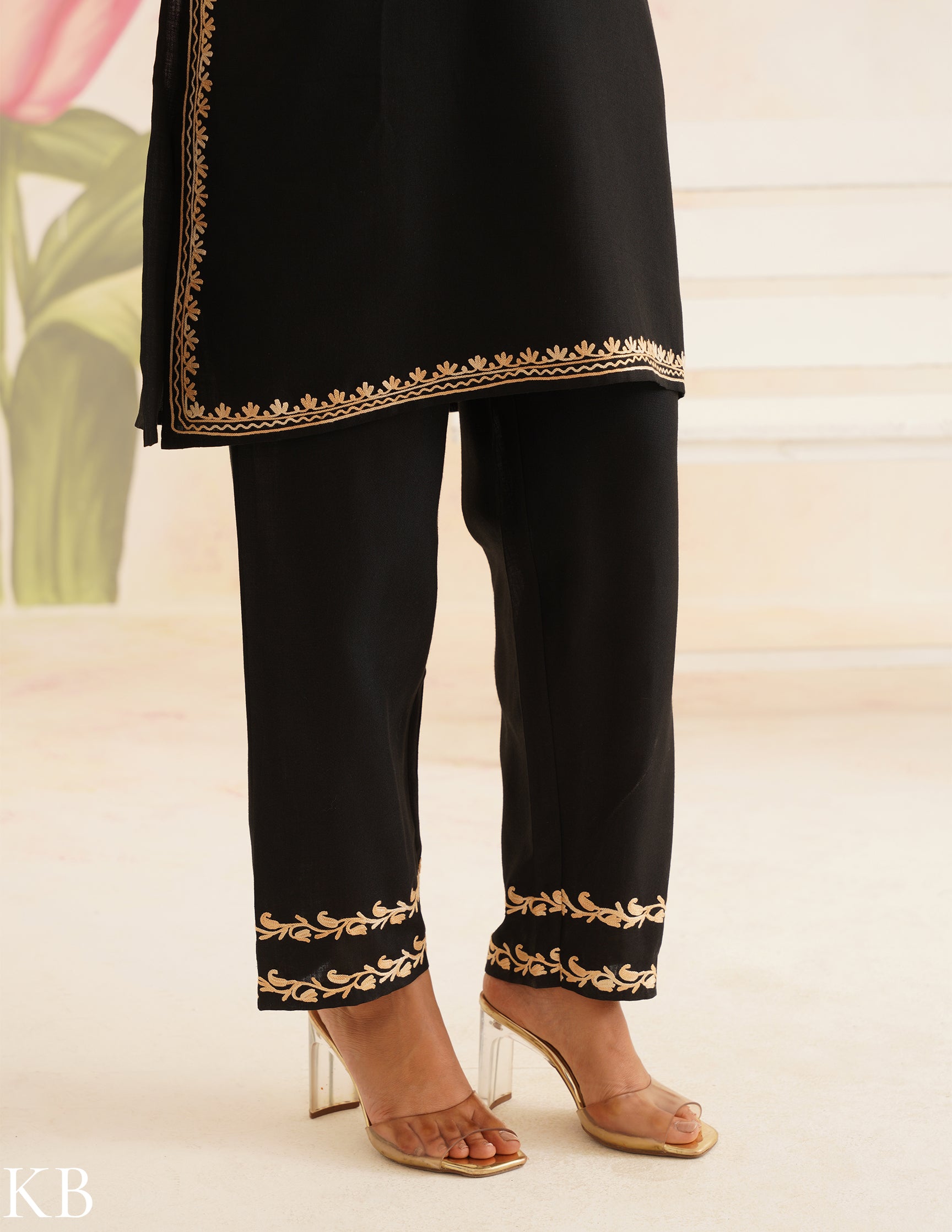 Black Cotton Coordset with Beige Floral Embroidery | Bahaar Collection 2025 - Kashmir Box