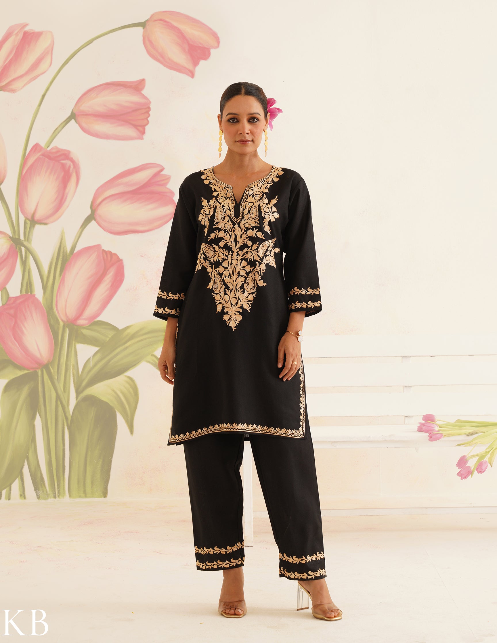 Black Cotton Coordset with Beige Floral Embroidery | Bahaar Collection 2025 - Kashmir Box