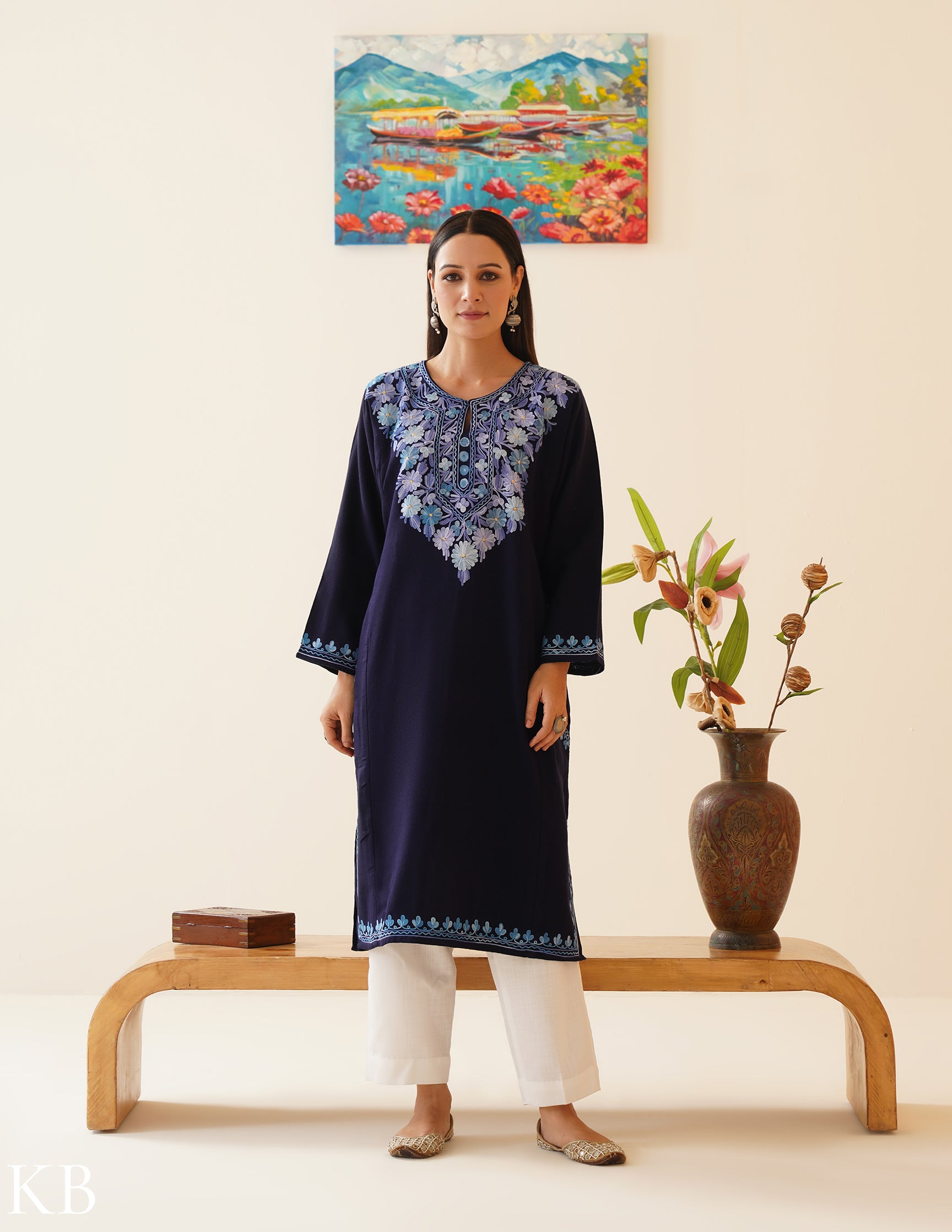 Rang-e-Khizan Navy Blue Posy Aari Phiran - Kashmir Box