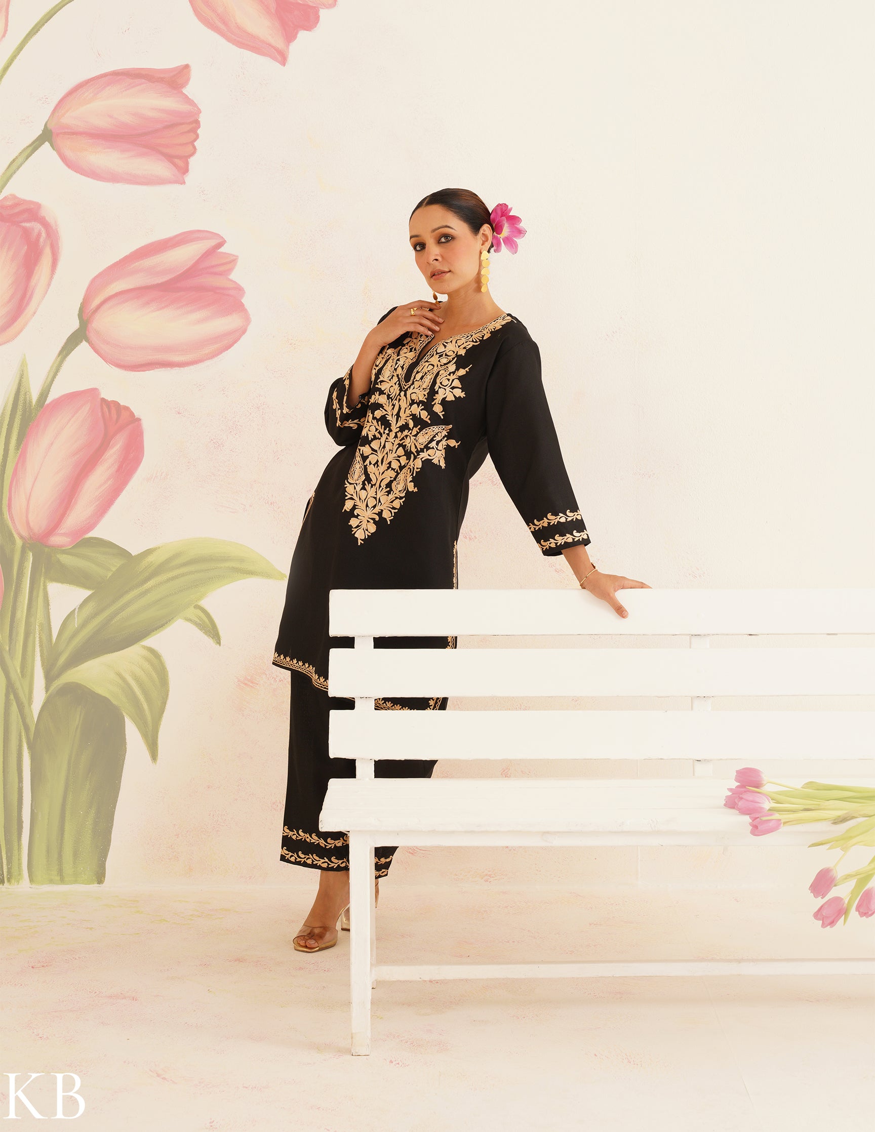 Black Cotton Coordset with Beige Floral Embroidery | Bahaar Collection 2025 - Kashmir Box