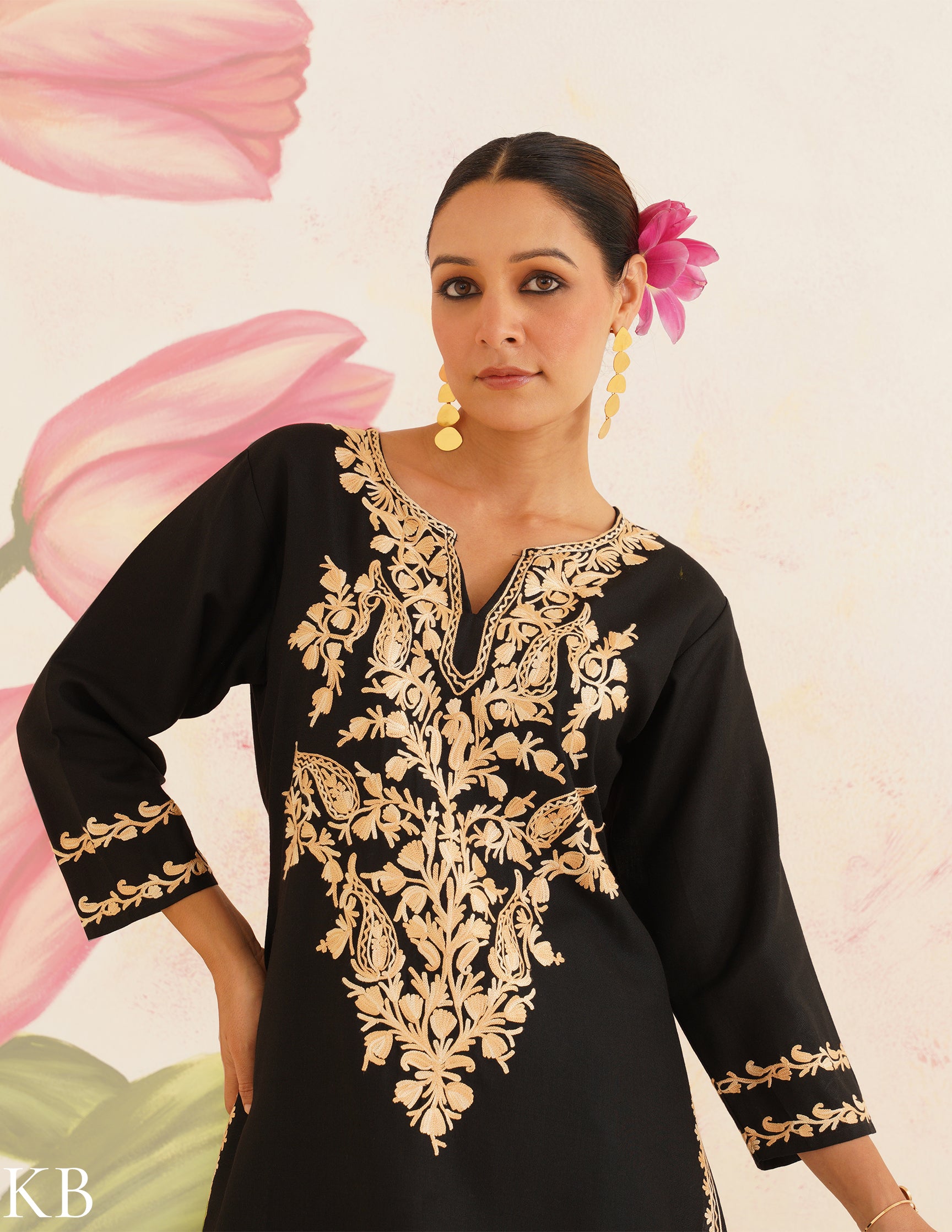 Black Cotton Coordset with Beige Floral Embroidery | Bahaar Collection 2025 - Kashmir Box