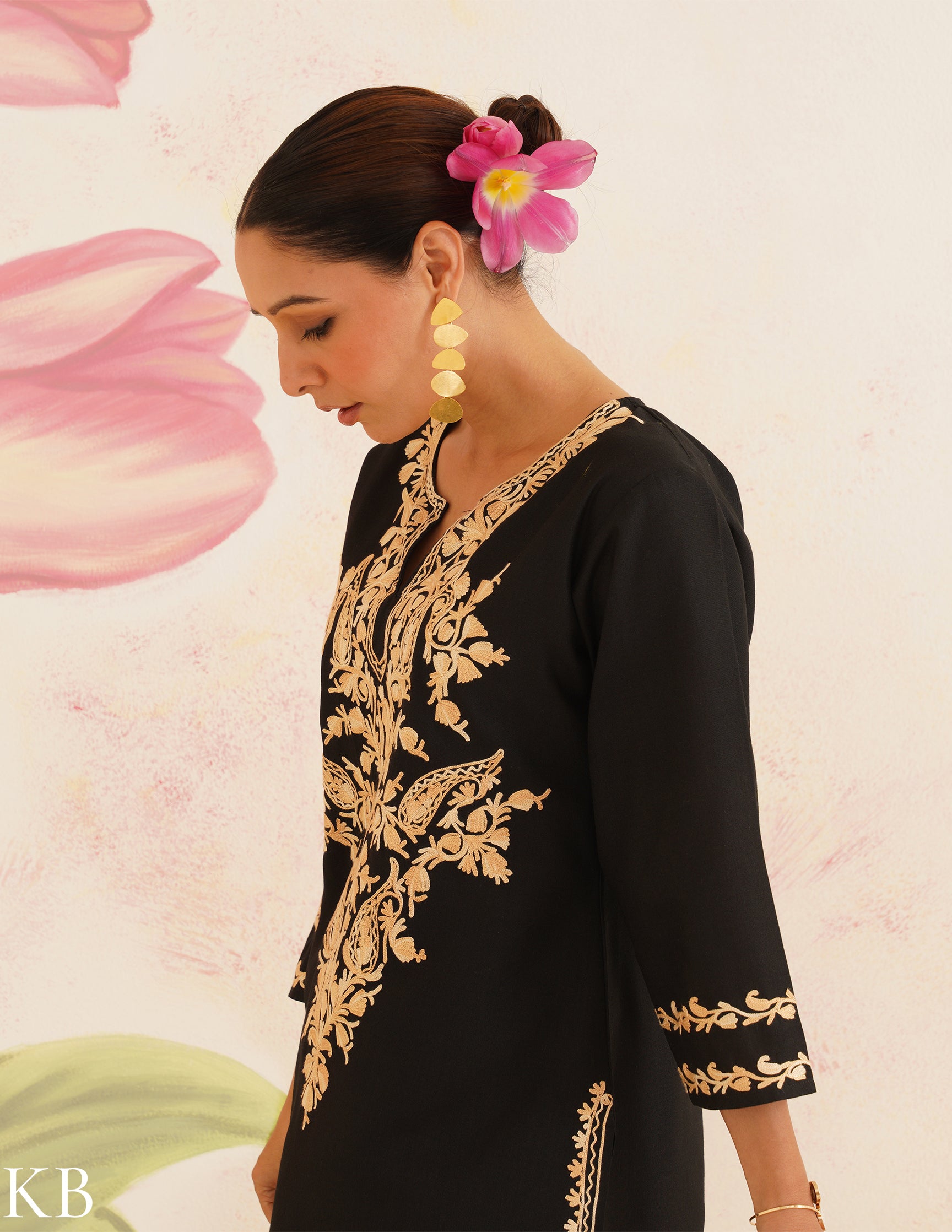 Black Cotton Coordset with Beige Floral Embroidery | Bahaar Collection 2025 - Kashmir Box