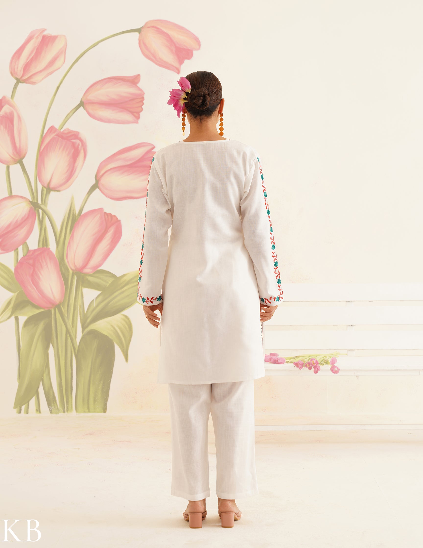 White Cotton Coordset with Red and Green Embroidery | Bahaar Collection 2025 - Kashmir Box