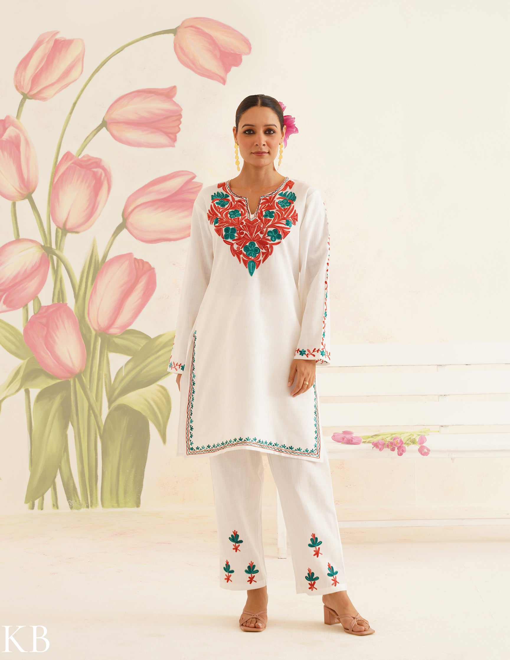White Cotton Coordset with Red and Green Embroidery | Bahaar Collection 2025 - Kashmir Box