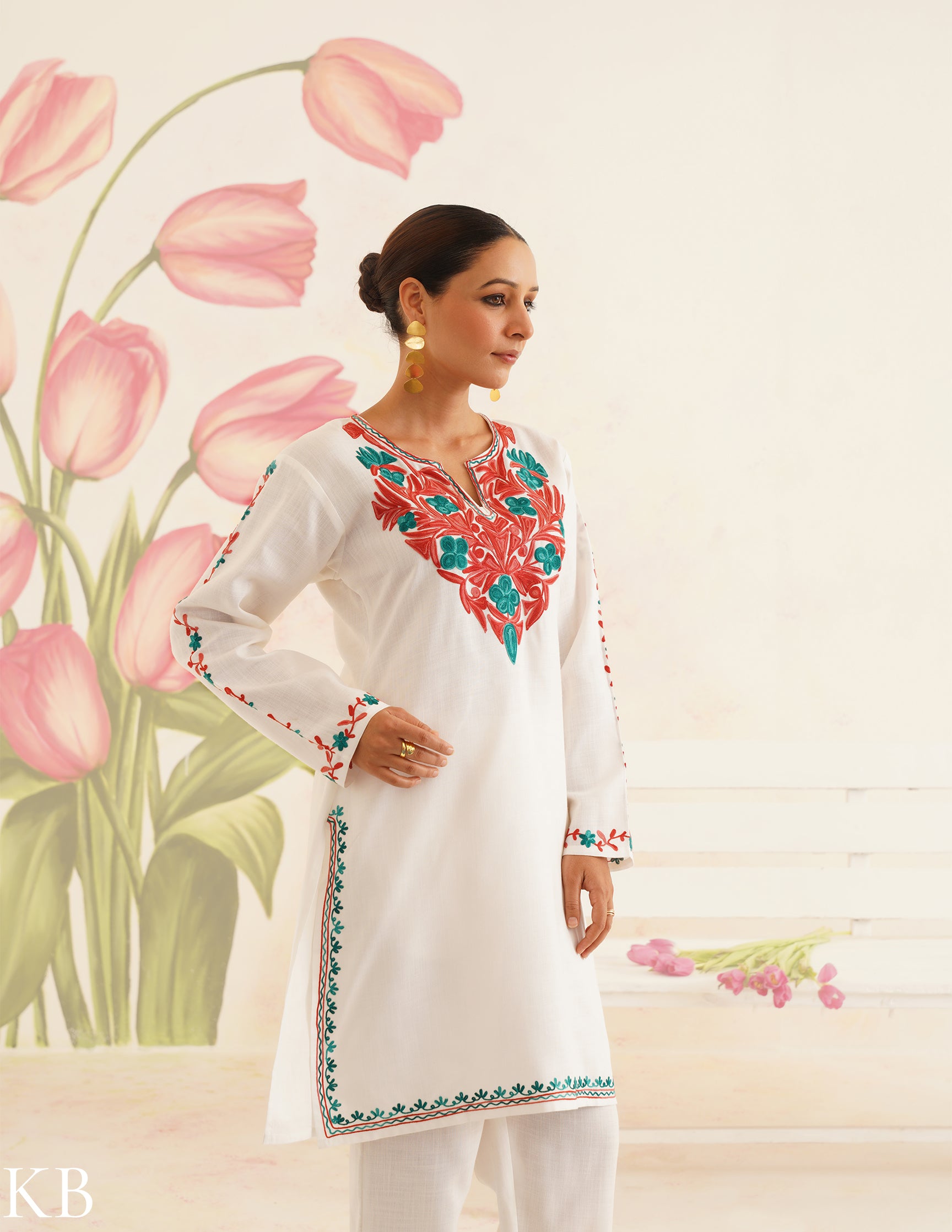 White Cotton Coordset with Red and Green Embroidery | Bahaar Collection 2025 - Kashmir Box