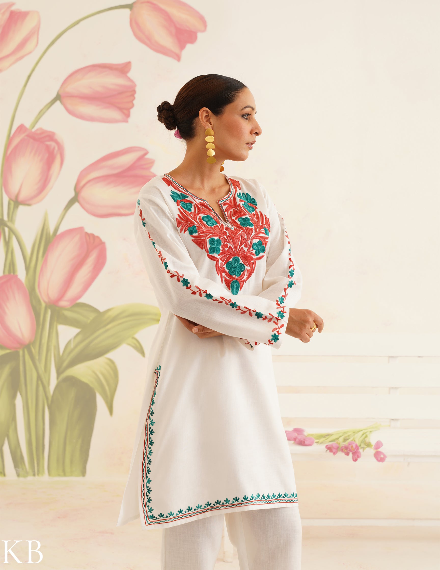 White Cotton Coordset with Red and Green Embroidery | Bahaar Collection 2025 - Kashmir Box