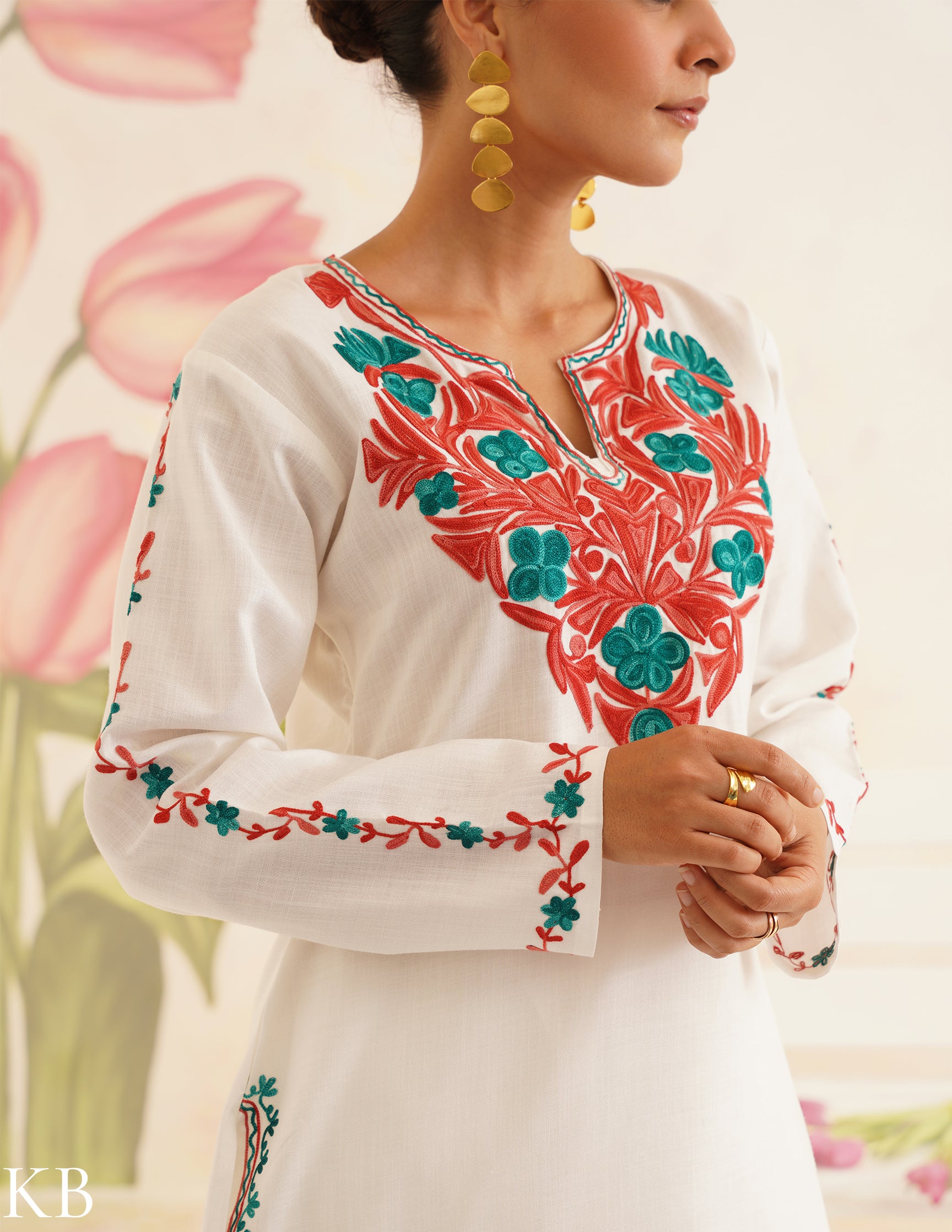 White Cotton Coordset with Red and Green Embroidery | Bahaar Collection 2025 - Kashmir Box