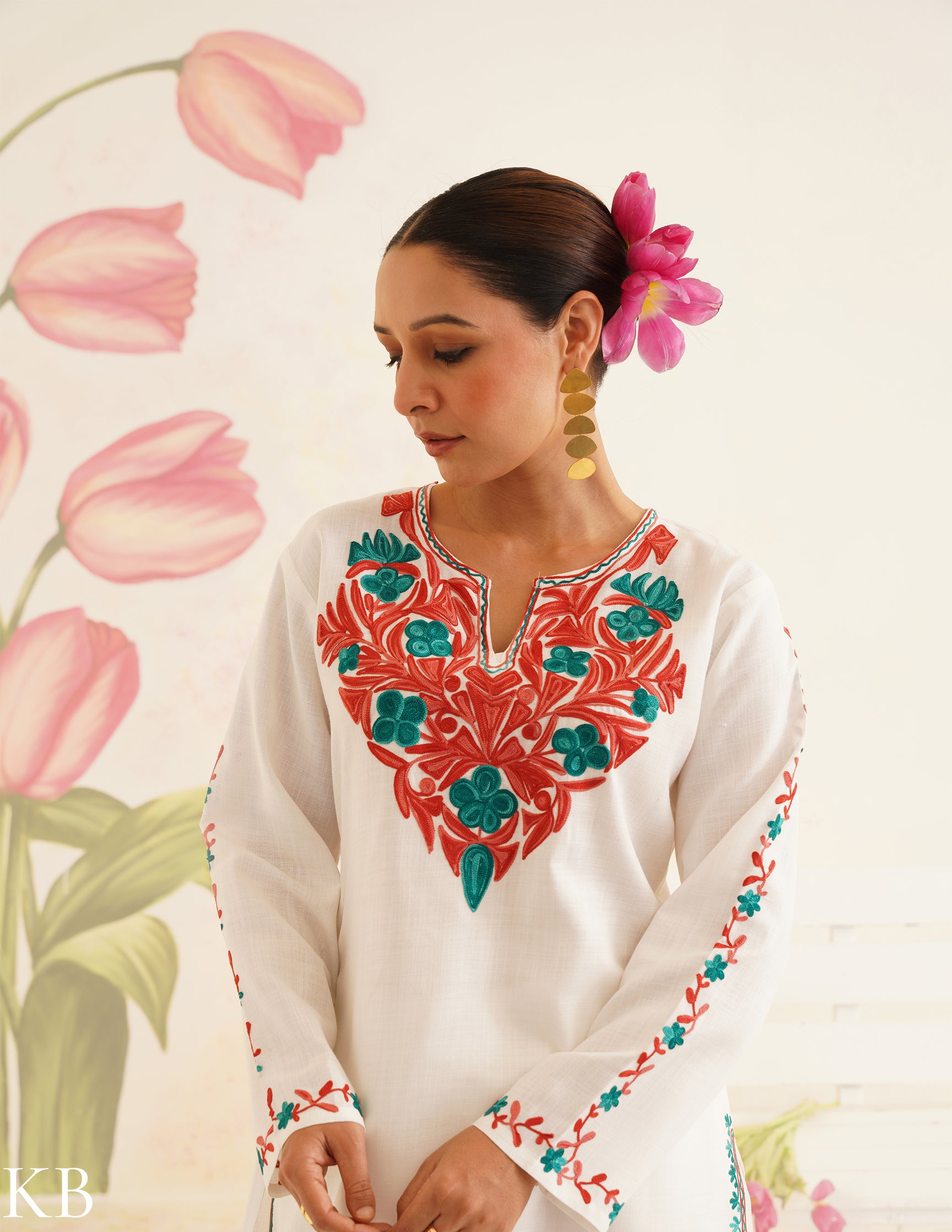 White Cotton Coordset with Red and Green Embroidery | Bahaar Collection 2025 - Kashmir Box