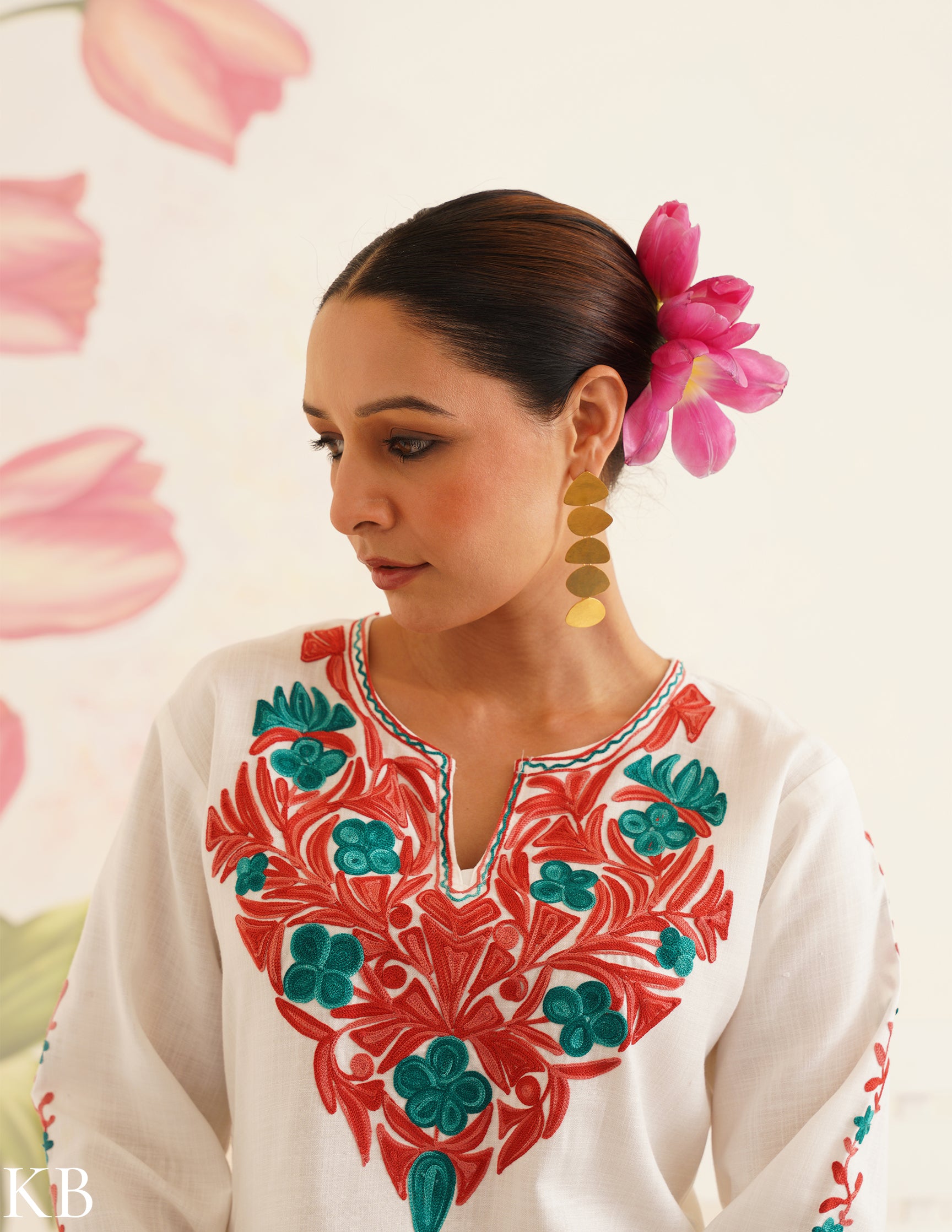 White Cotton Coordset with Red and Green Embroidery | Bahaar Collection 2025 - Kashmir Box