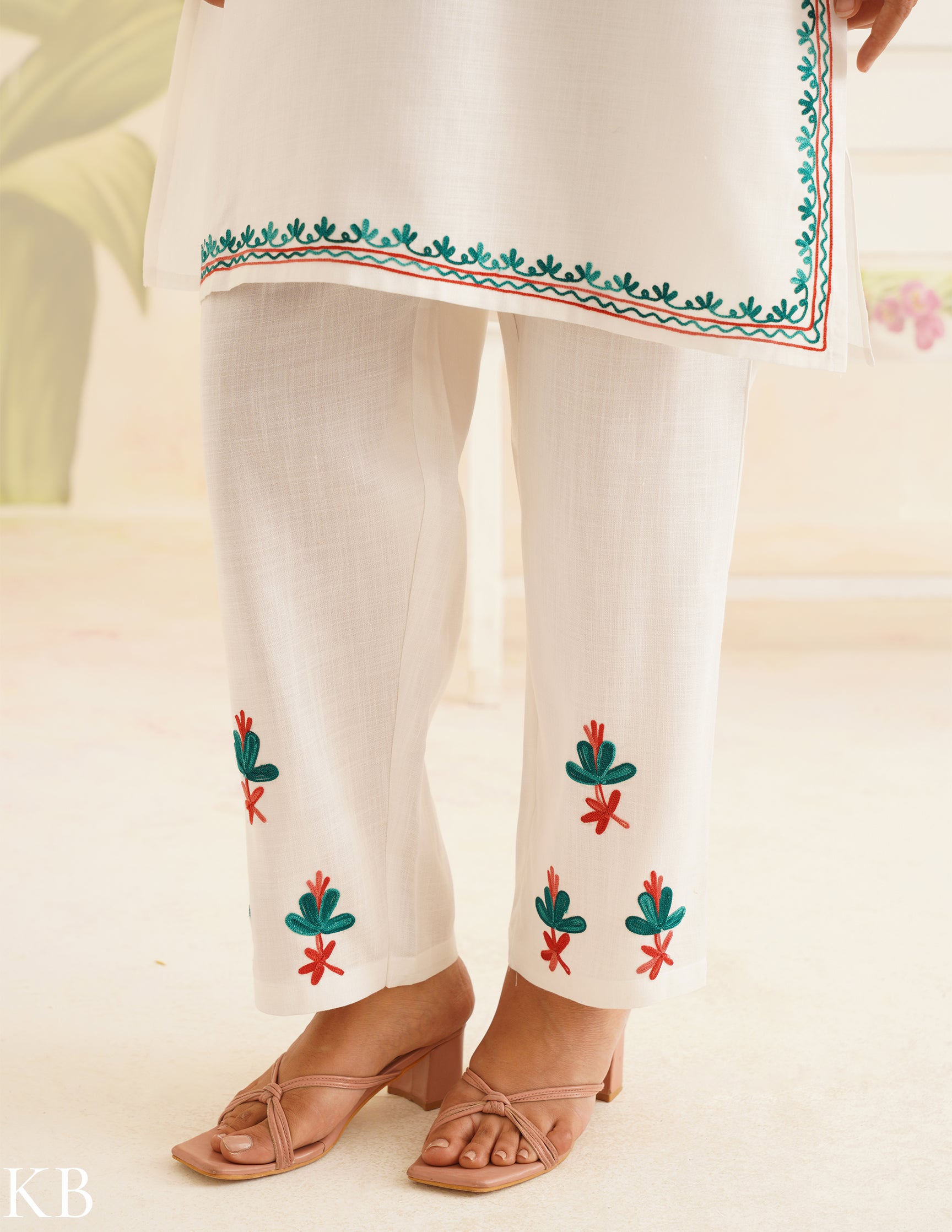 White Cotton Coordset with Red and Green Embroidery | Bahaar Collection 2025 - Kashmir Box