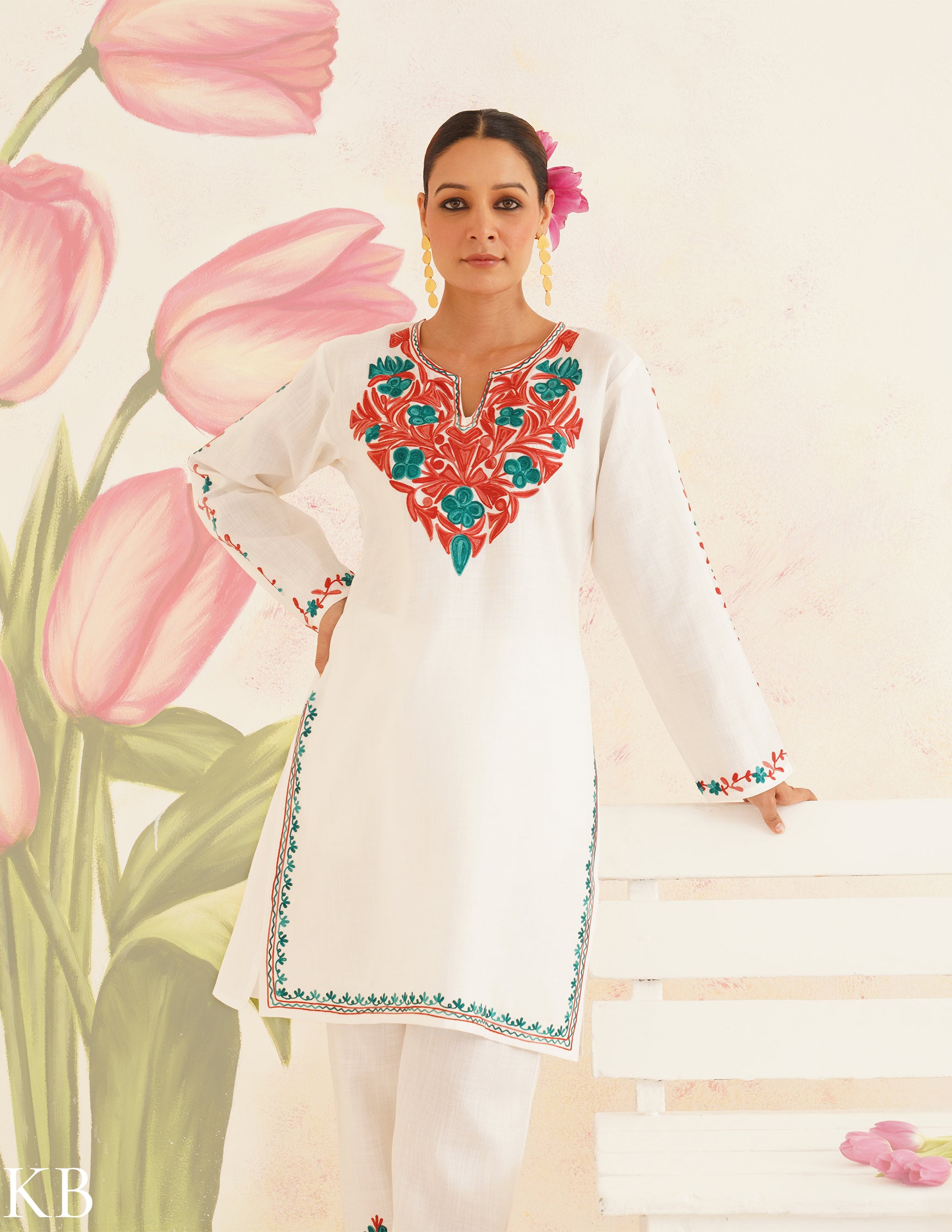 White Cotton Coordset with Red and Green Embroidery | Bahaar Collection 2025 - Kashmir Box