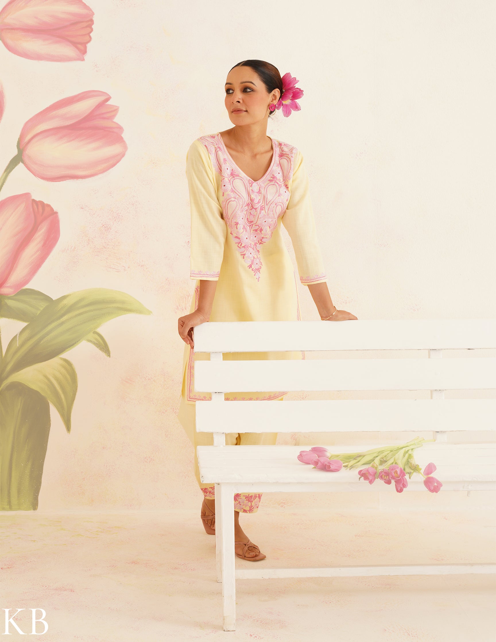 Lemon Yellow Coordset with Pink Embroidery | Bahaar Collection 2025 - Kashmir Box