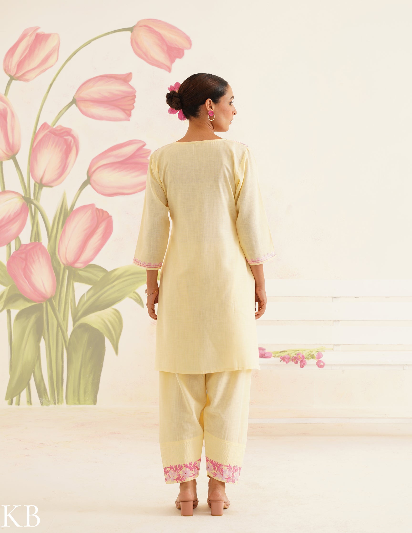 Lemon Yellow Coordset with Pink Embroidery | Bahaar Collection 2025 - Kashmir Box