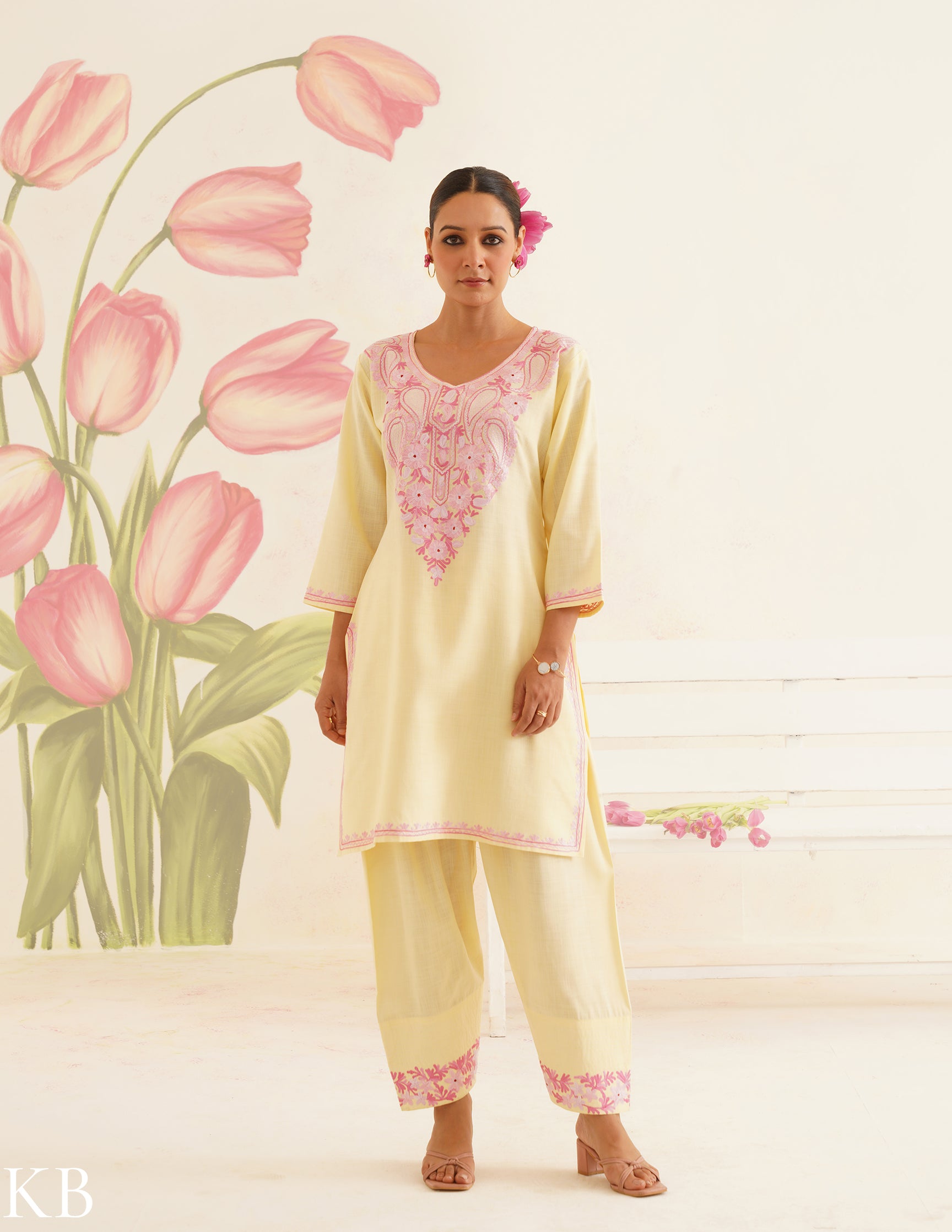 Lemon Yellow Coordset with Pink Embroidery | Bahaar Collection 2025 - Kashmir Box