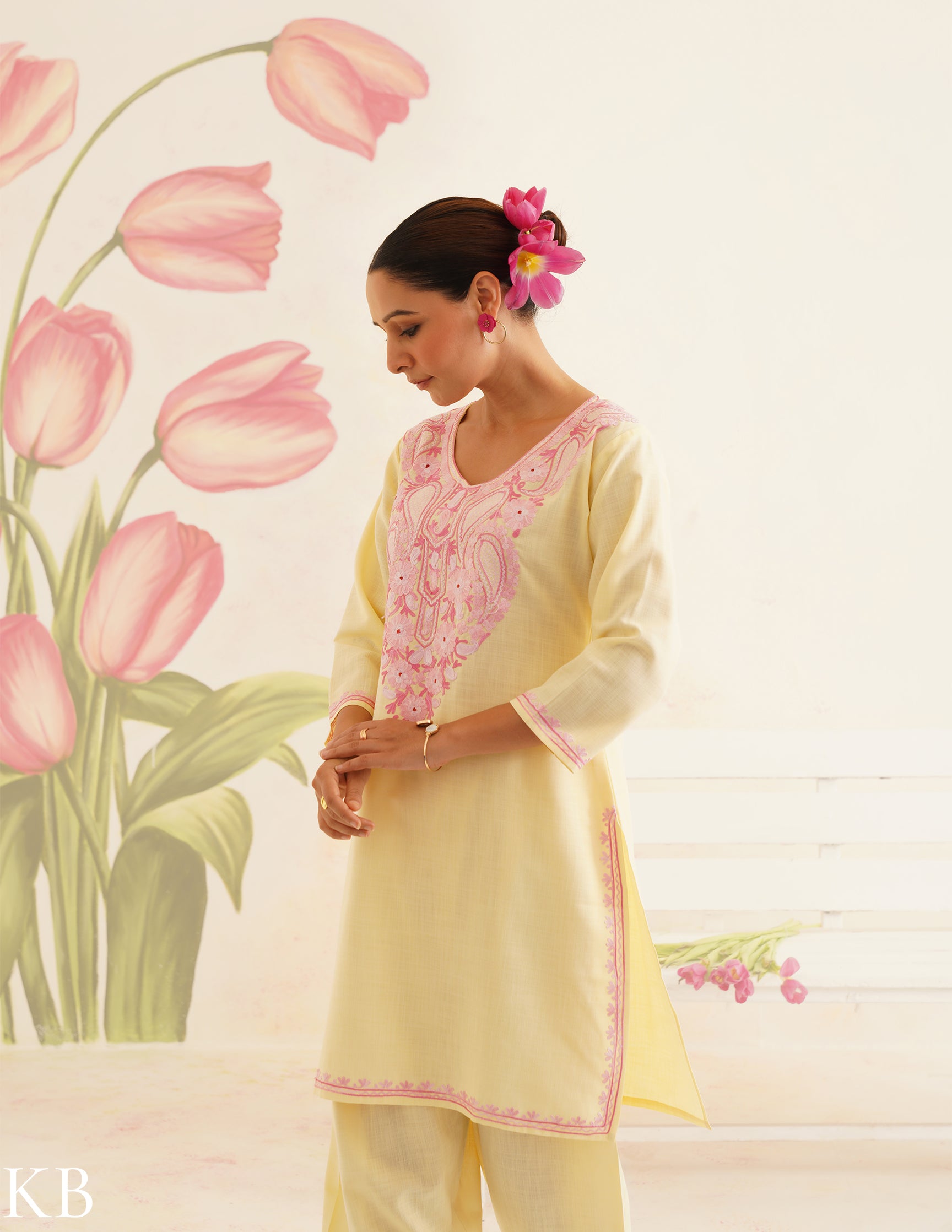 Lemon Yellow Coordset with Pink Embroidery | Bahaar Collection 2025 - Kashmir Box