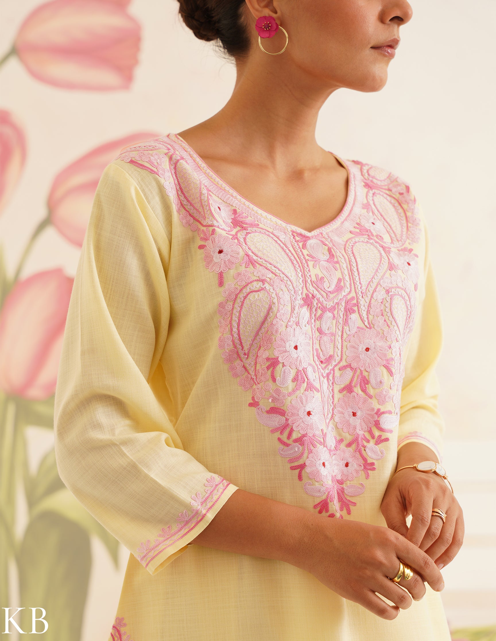 Lemon Yellow Coordset with Pink Embroidery | Bahaar Collection 2025 - Kashmir Box