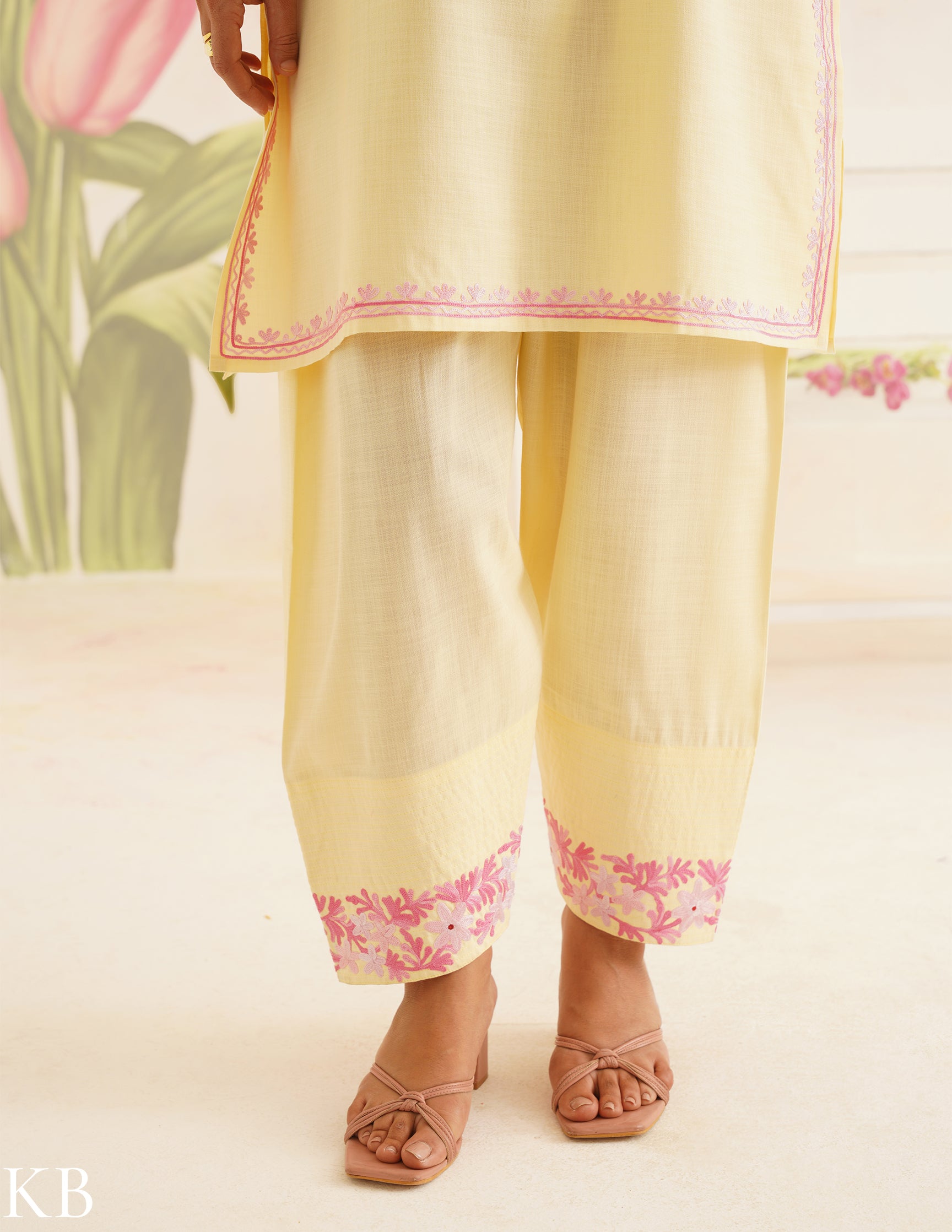 Lemon Yellow Coordset with Pink Embroidery | Bahaar Collection 2025 - Kashmir Box