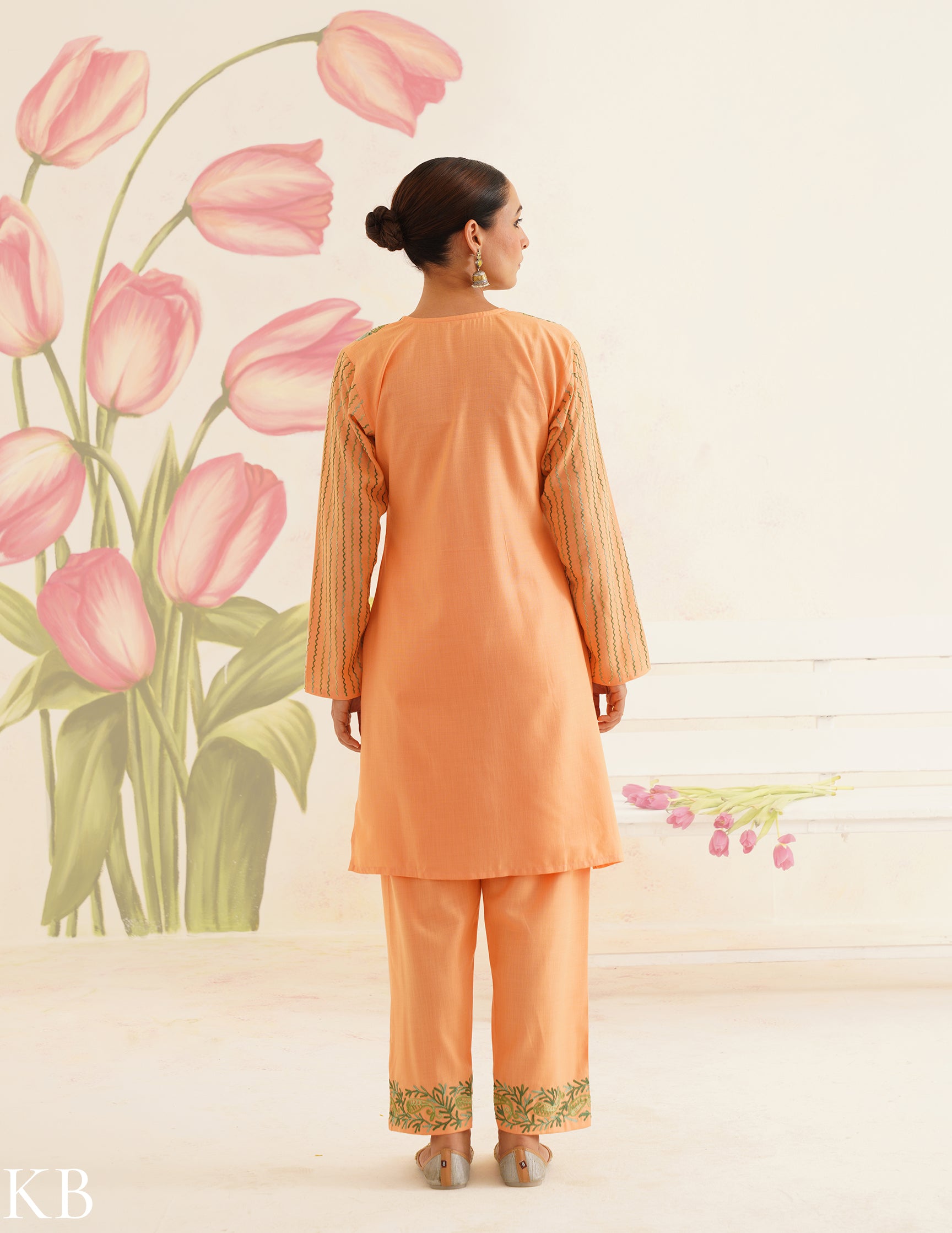 Peach Cotton Coordset with Olive Green Embroidery | Bahaar Collection 2025 - Kashmir Box