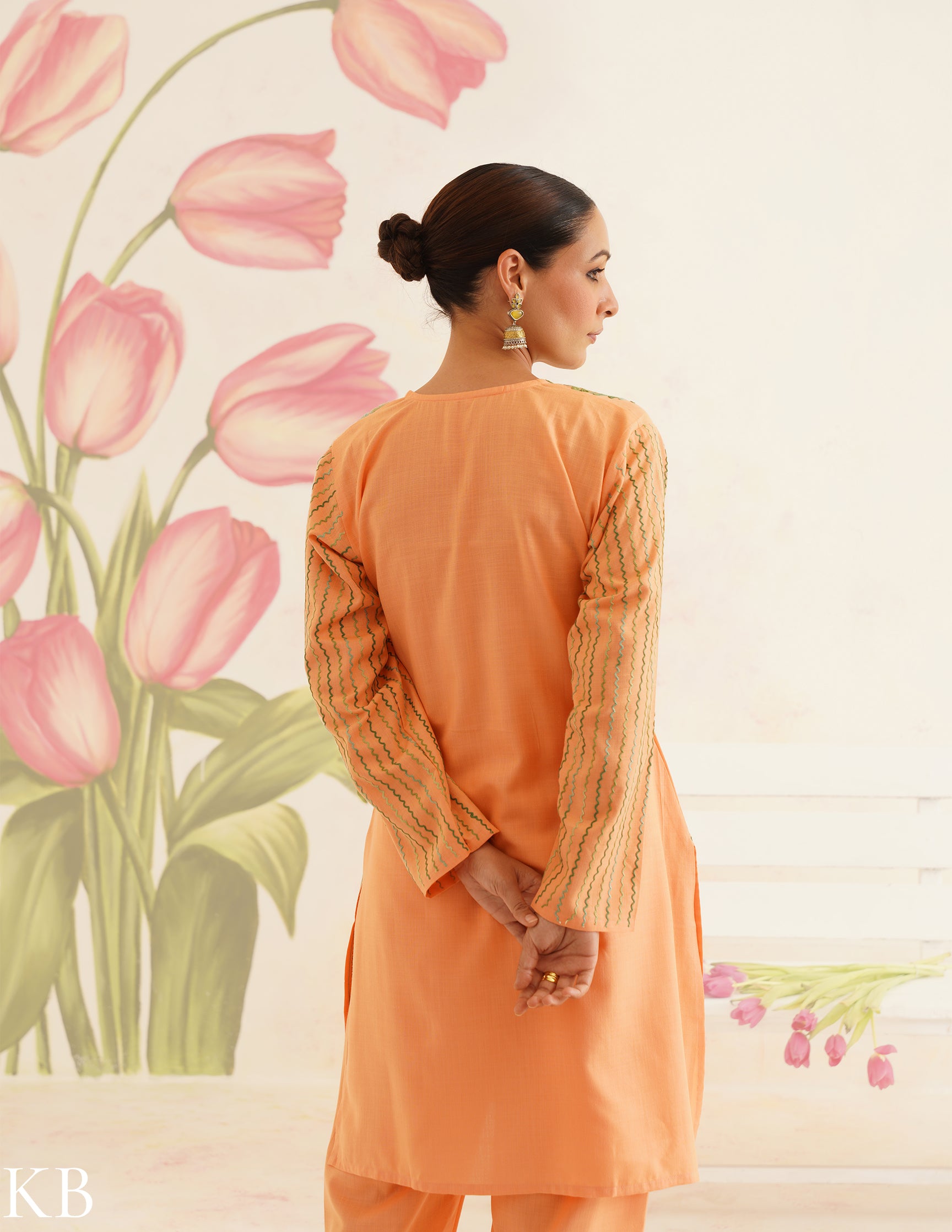 Peach Cotton Coordset with Olive Green Embroidery | Bahaar Collection 2025 - Kashmir Box