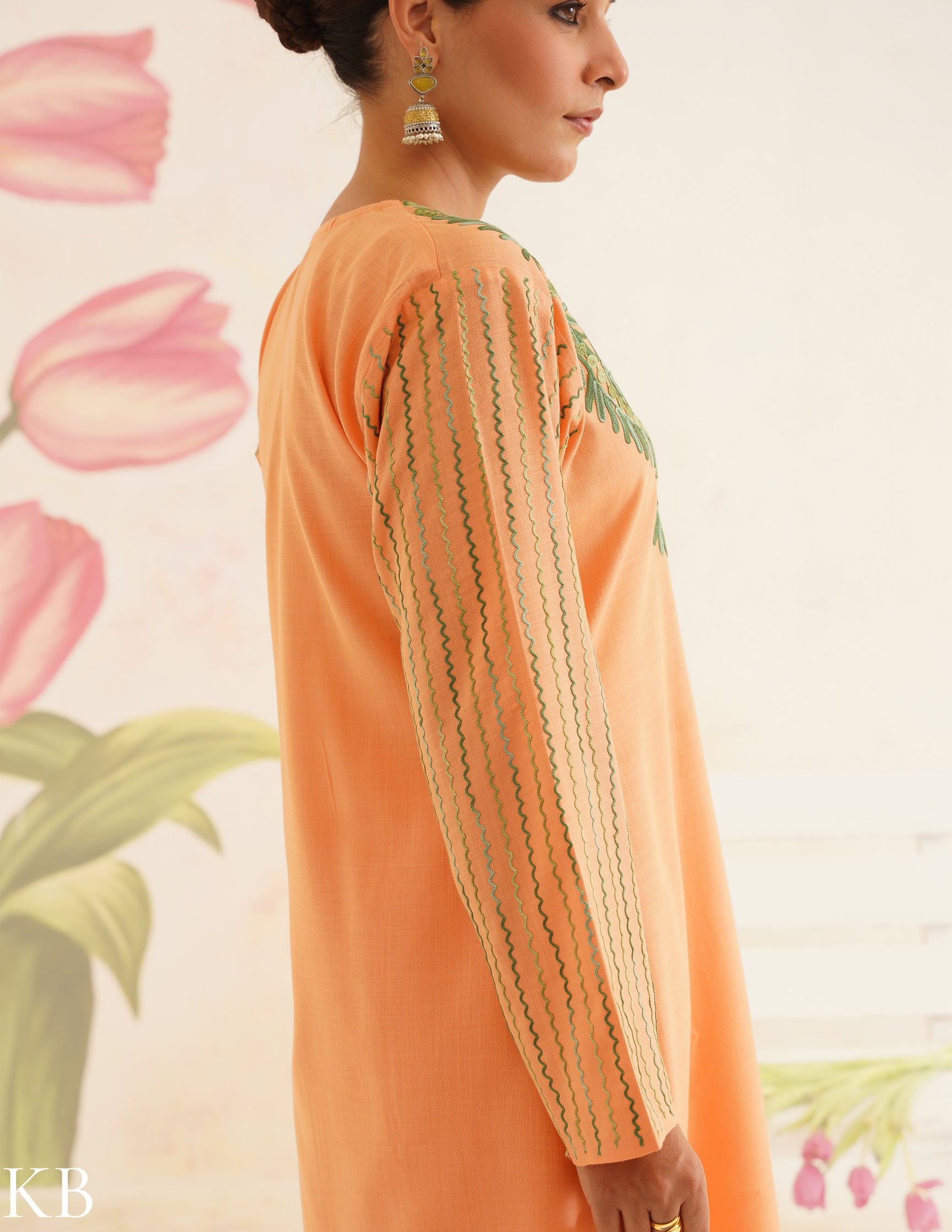 Peach Cotton Coordset with Olive Green Embroidery | Bahaar Collection 2025 - Kashmir Box