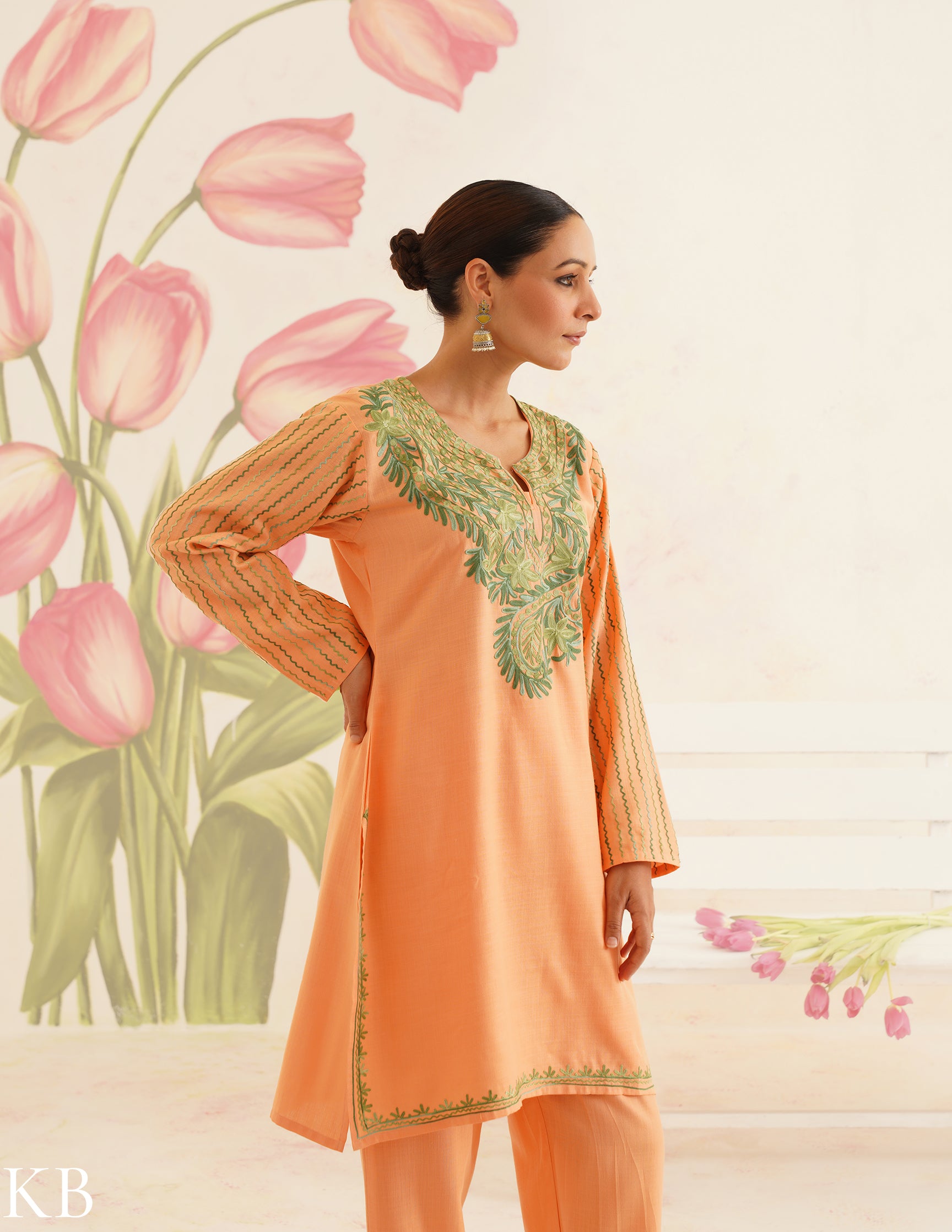 Peach Cotton Coordset with Olive Green Embroidery | Bahaar Collection 2025 - Kashmir Box
