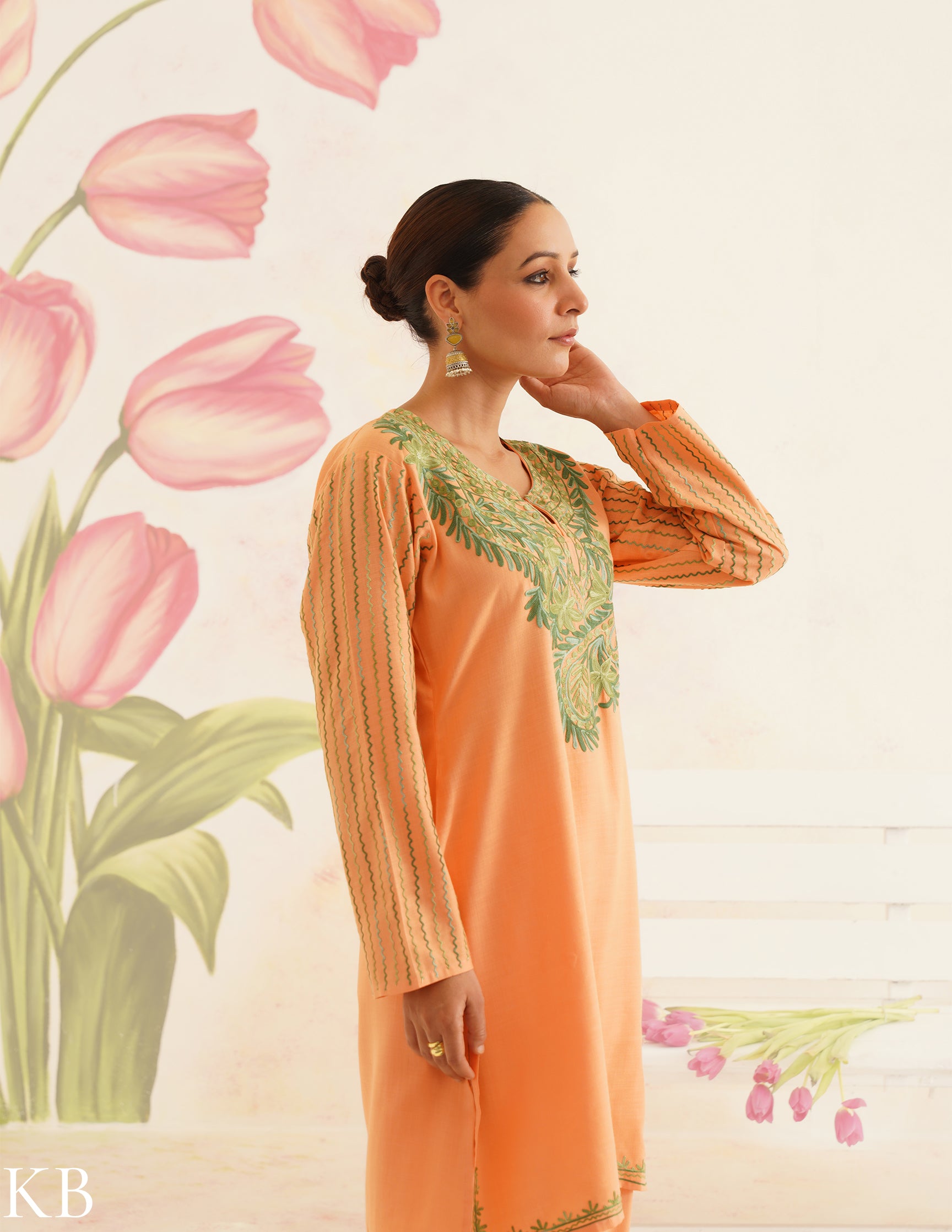 Peach Cotton Coordset with Olive Green Embroidery | Bahaar Collection 2025 - Kashmir Box