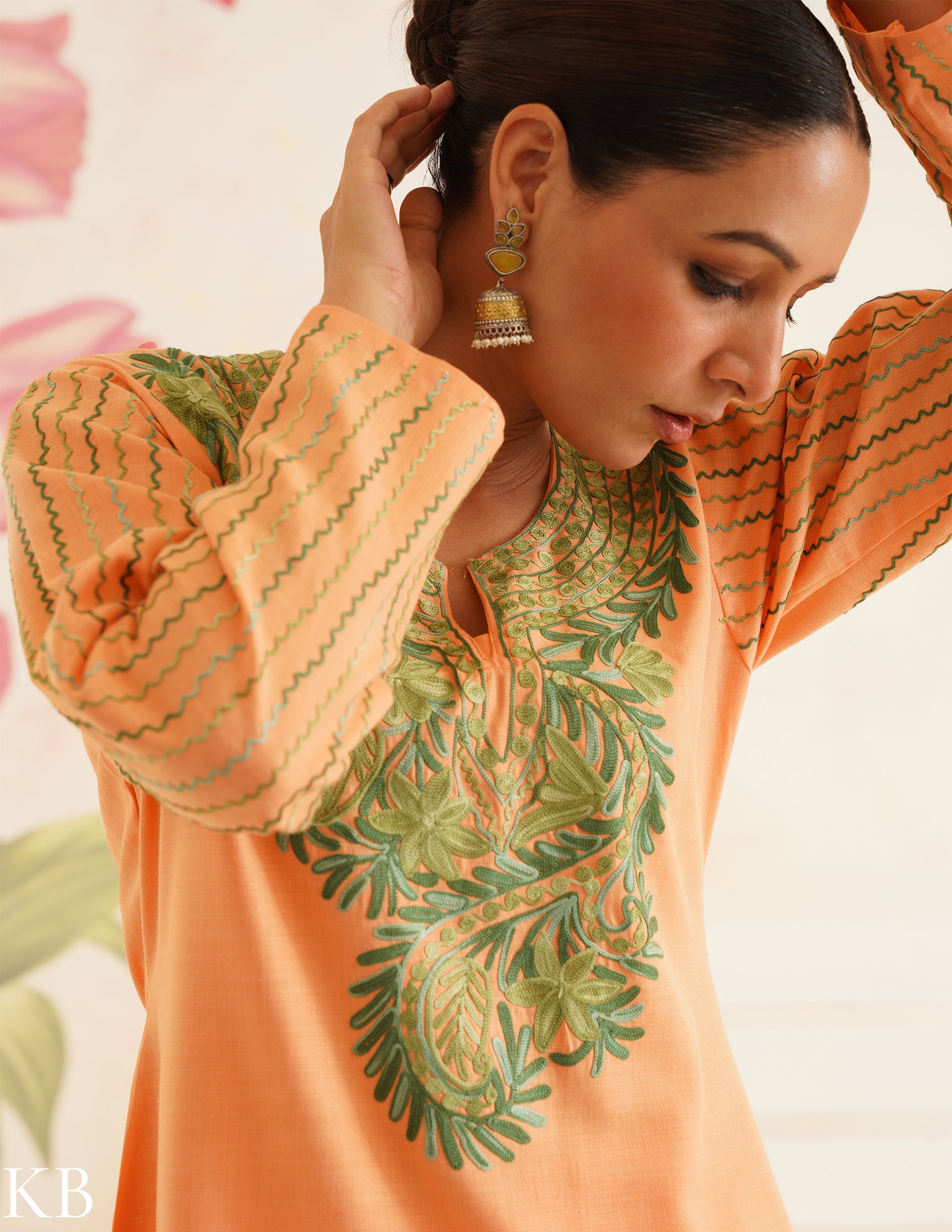 Peach Cotton Coordset with Olive Green Embroidery | Bahaar Collection 2025 - Kashmir Box