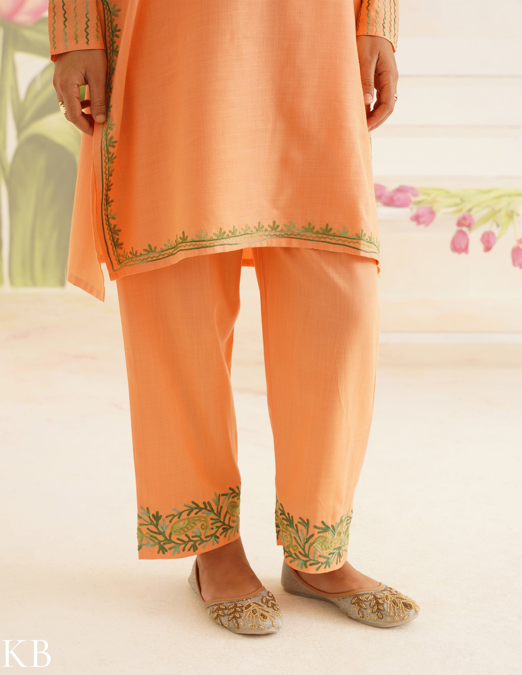 Peach Cotton Coordset with Olive Green Embroidery | Bahaar Collection 2025 - Kashmir Box
