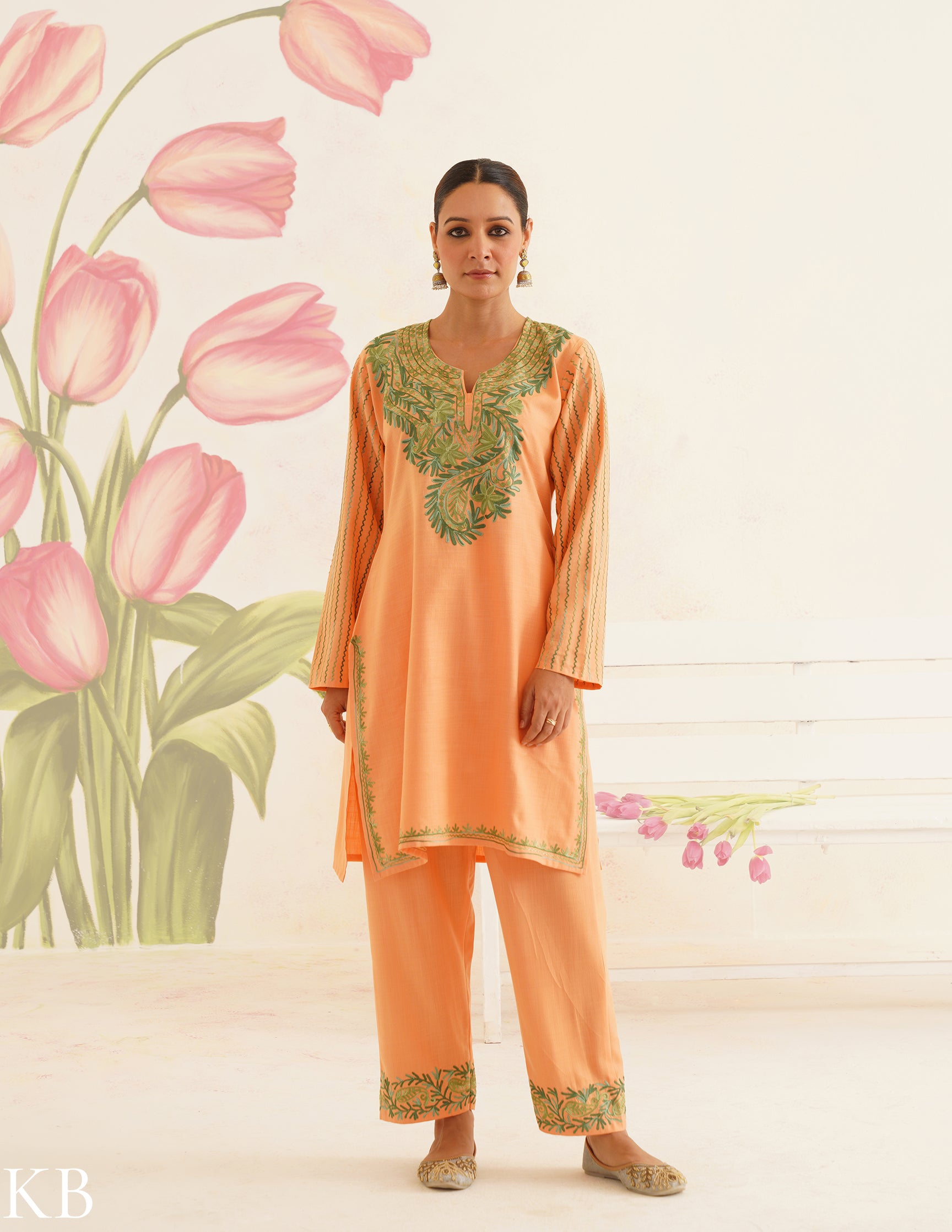 Peach Cotton Coordset with Olive Green Embroidery | Bahaar Collection 2025 - Kashmir Box
