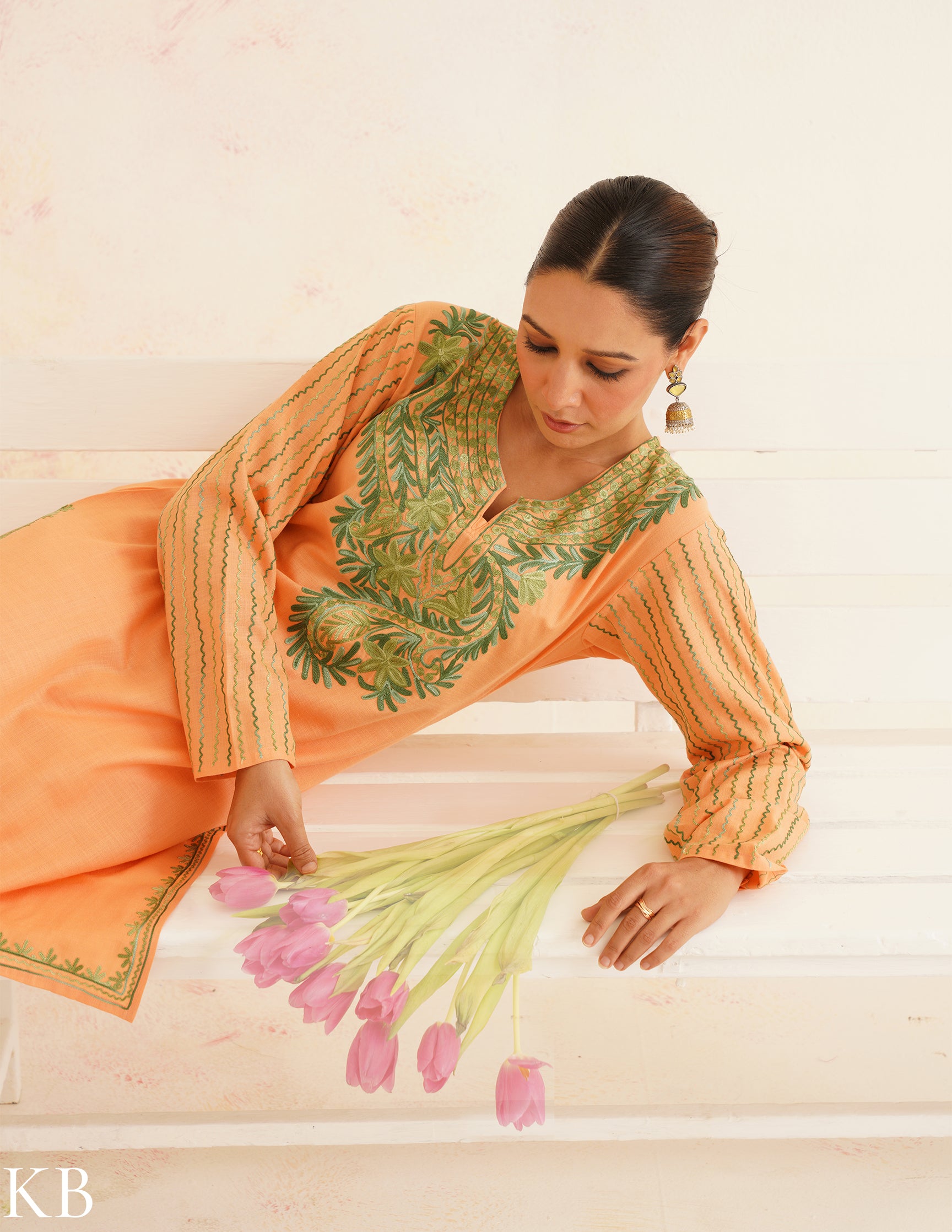 Peach Cotton Coordset with Olive Green Embroidery | Bahaar Collection 2025 - Kashmir Box