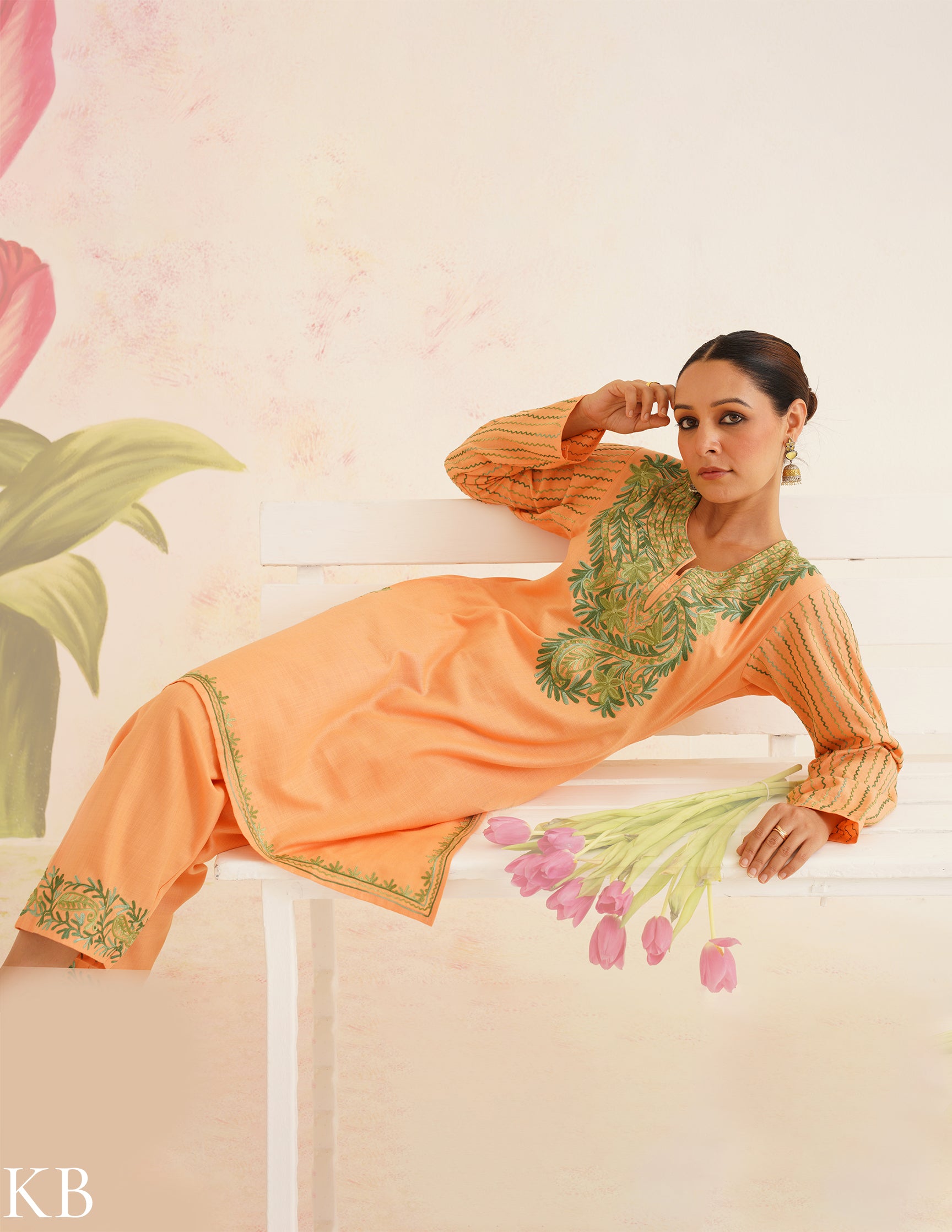 Peach Cotton Coordset with Olive Green Embroidery | Bahaar Collection 2025 - Kashmir Box