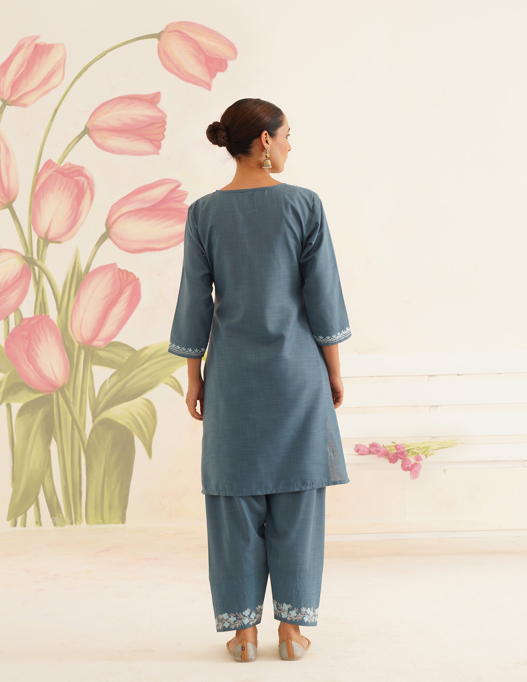 Slate Blue Cotton Coordset with Sky Blue Embroidery | Bahaar Collection 2025 - Kashmir Box