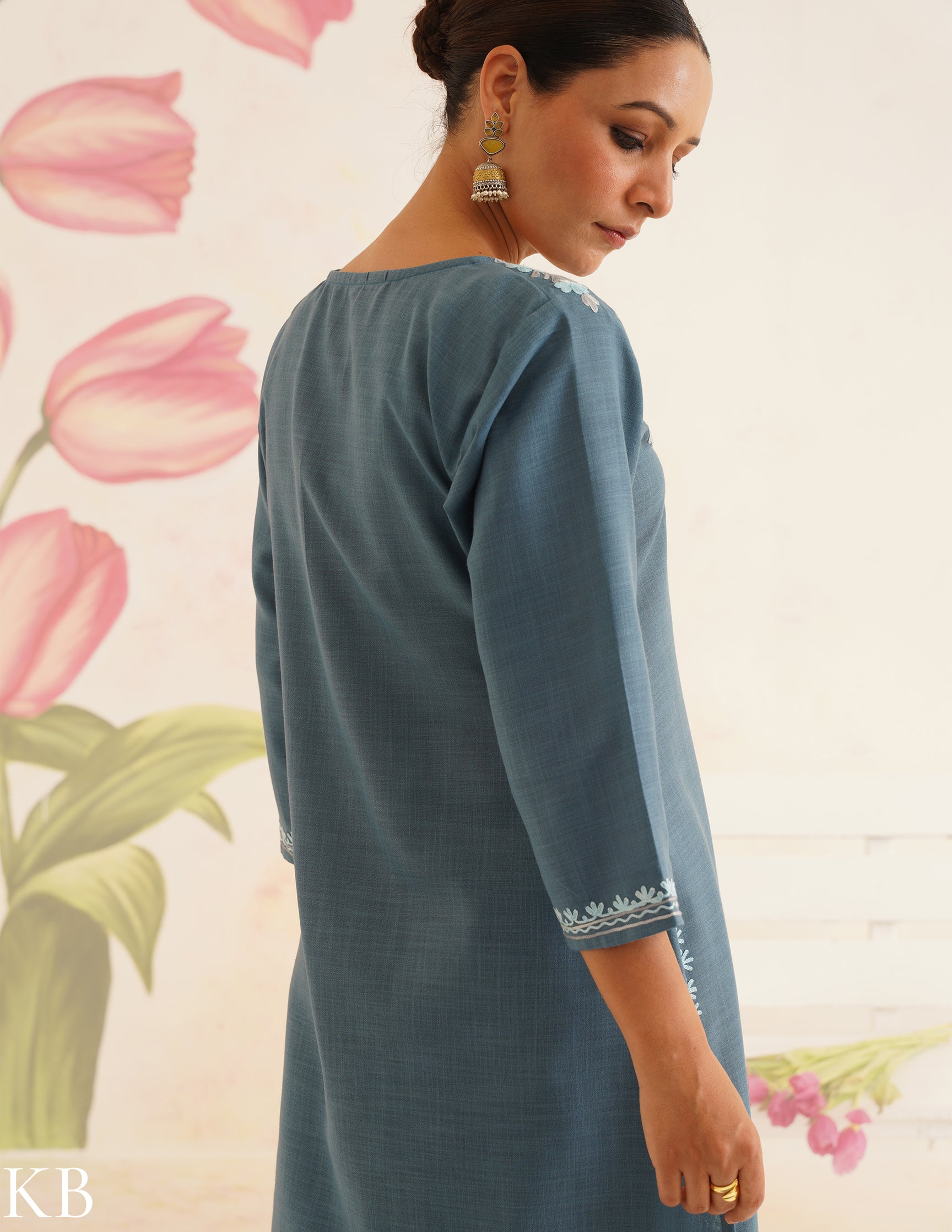 Slate Blue Cotton Coordset with Sky Blue Embroidery | Bahaar Collection 2025 - Kashmir Box