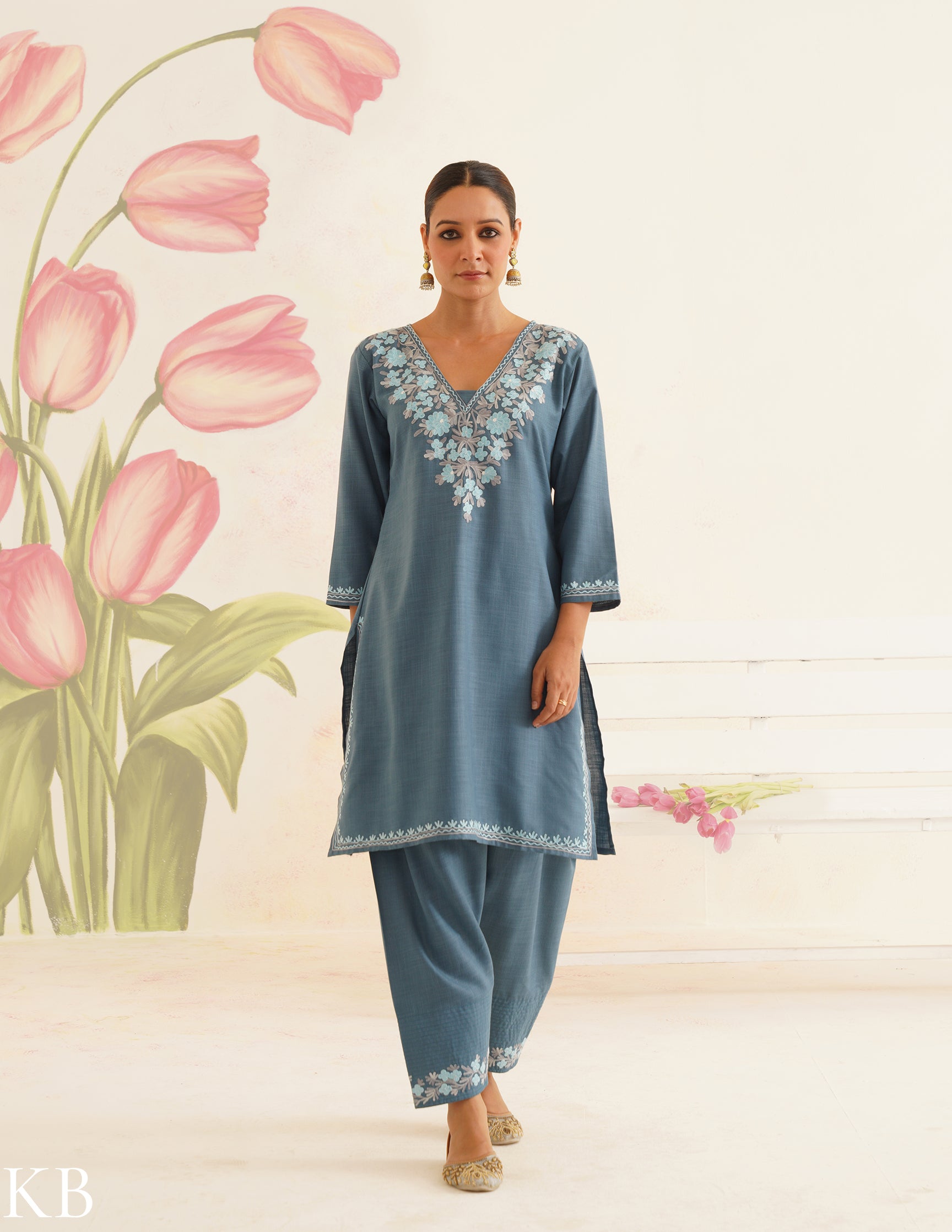 Slate Blue Cotton Coordset with Sky Blue Embroidery | Bahaar Collection 2025 - Kashmir Box