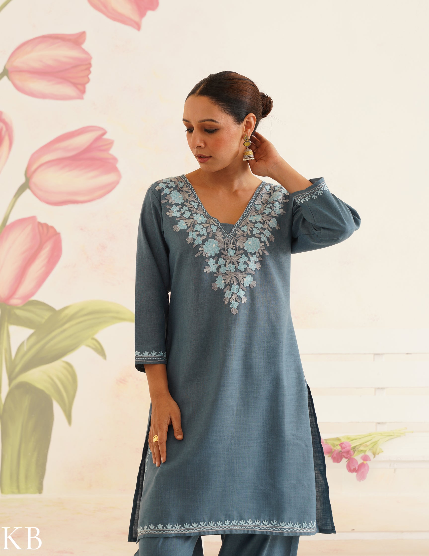 Slate Blue Cotton Coordset with Sky Blue Embroidery | Bahaar Collection 2025 - Kashmir Box