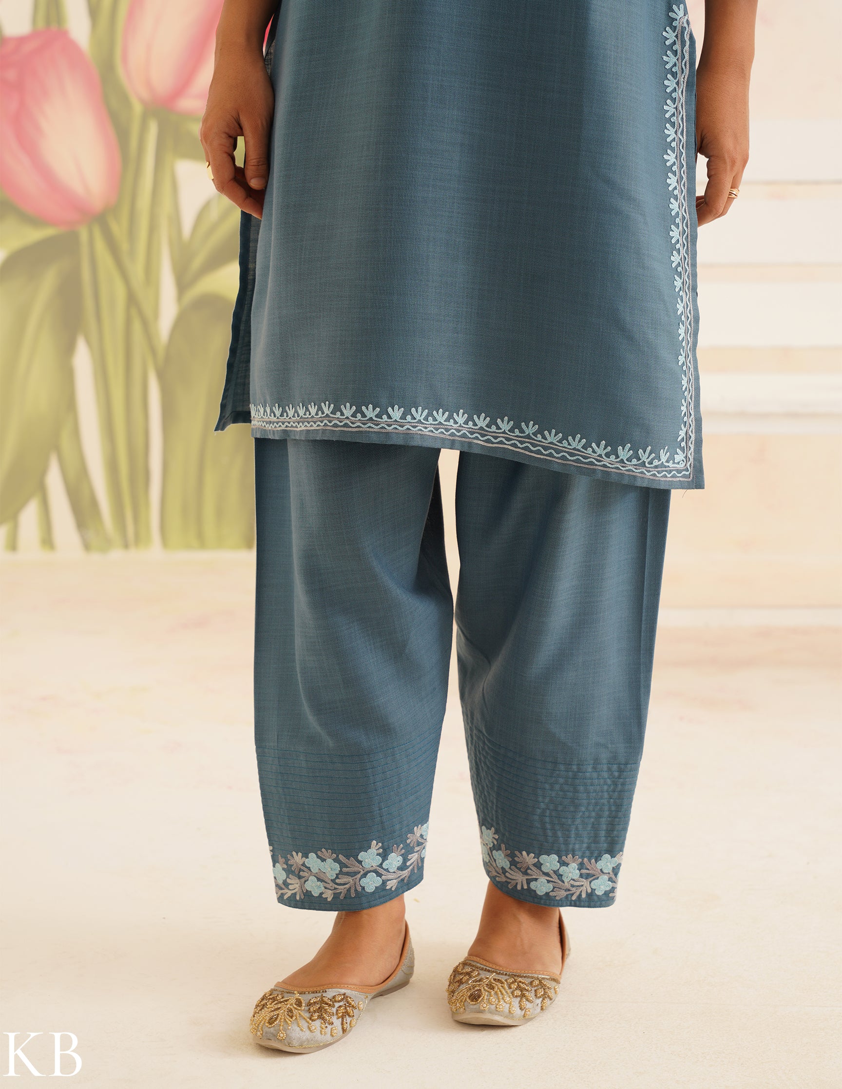 Slate Blue Cotton Coordset with Sky Blue Embroidery | Bahaar Collection 2025 - Kashmir Box