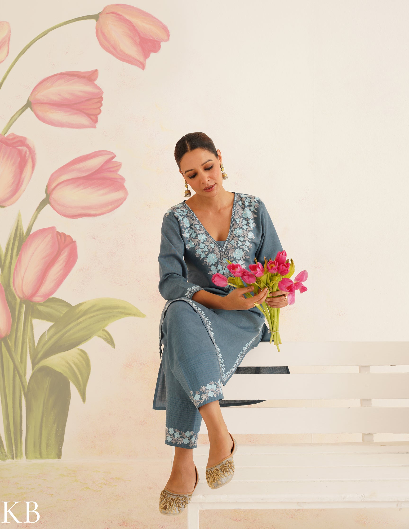 Slate Blue Cotton Coordset with Sky Blue Embroidery | Bahaar Collection 2025 - Kashmir Box