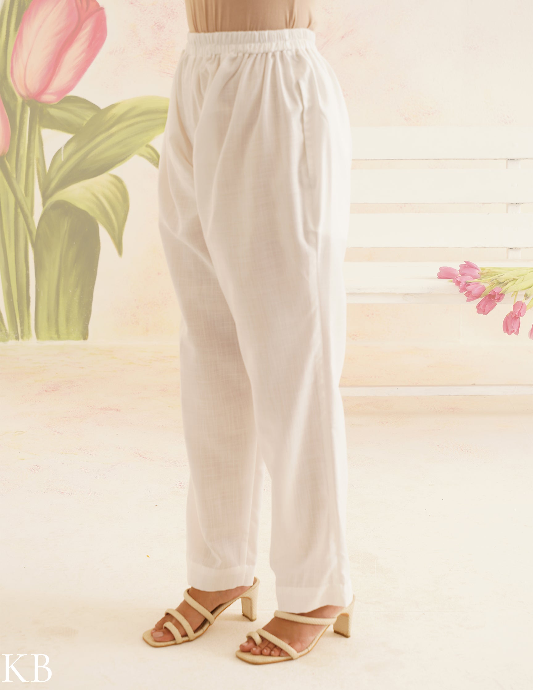 Peach Cotton Kurti with Sky Blue Embroidery and White Pants | Bahaar Collection 2025 - Kashmir Box