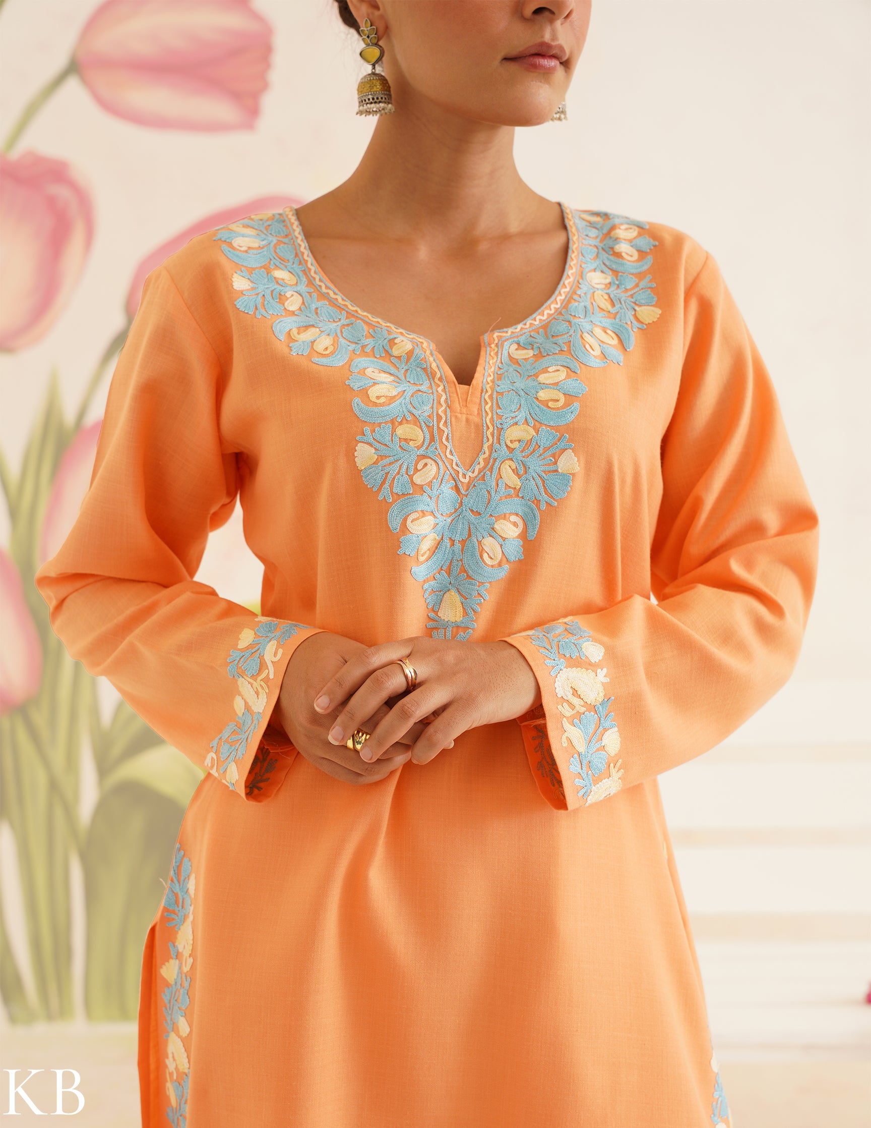 Peach Cotton Kurti with Sky Blue Embroidery and White Pants | Bahaar Collection 2025 - Kashmir Box