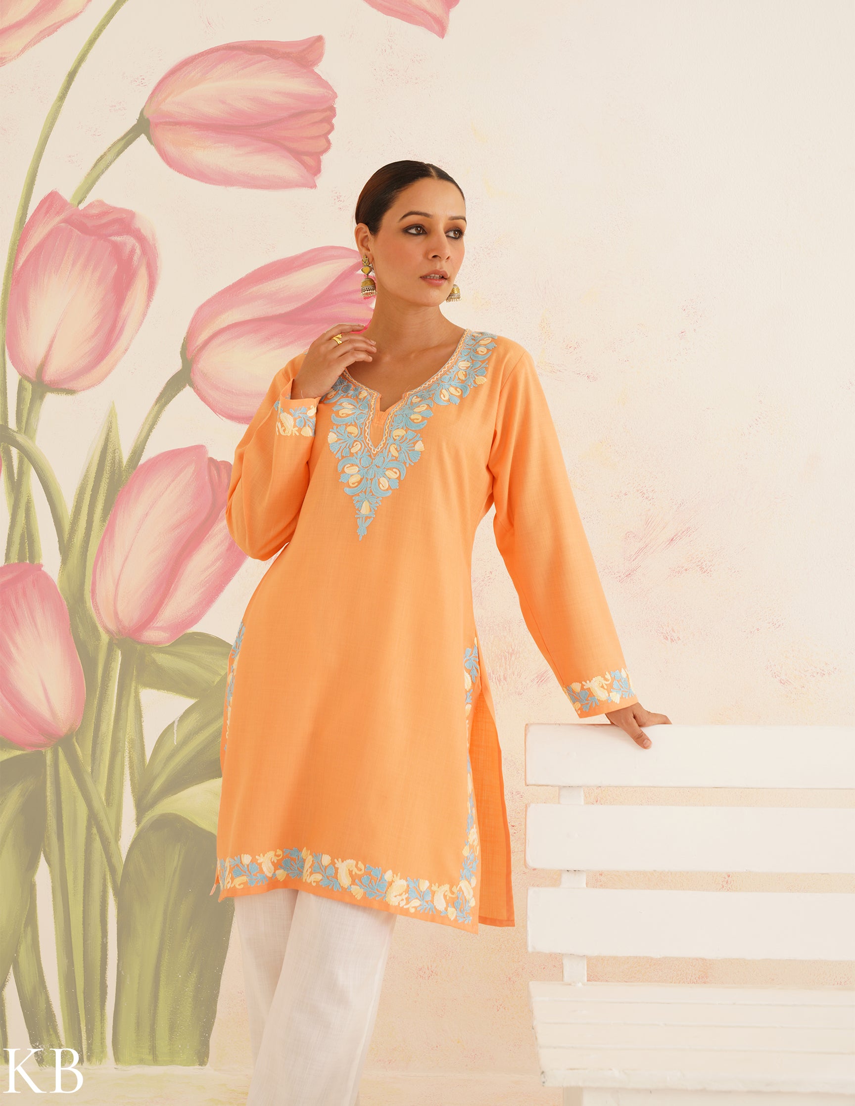 Peach Cotton Kurti with Sky Blue Embroidery and White Pants | Bahaar Collection 2025 - Kashmir Box