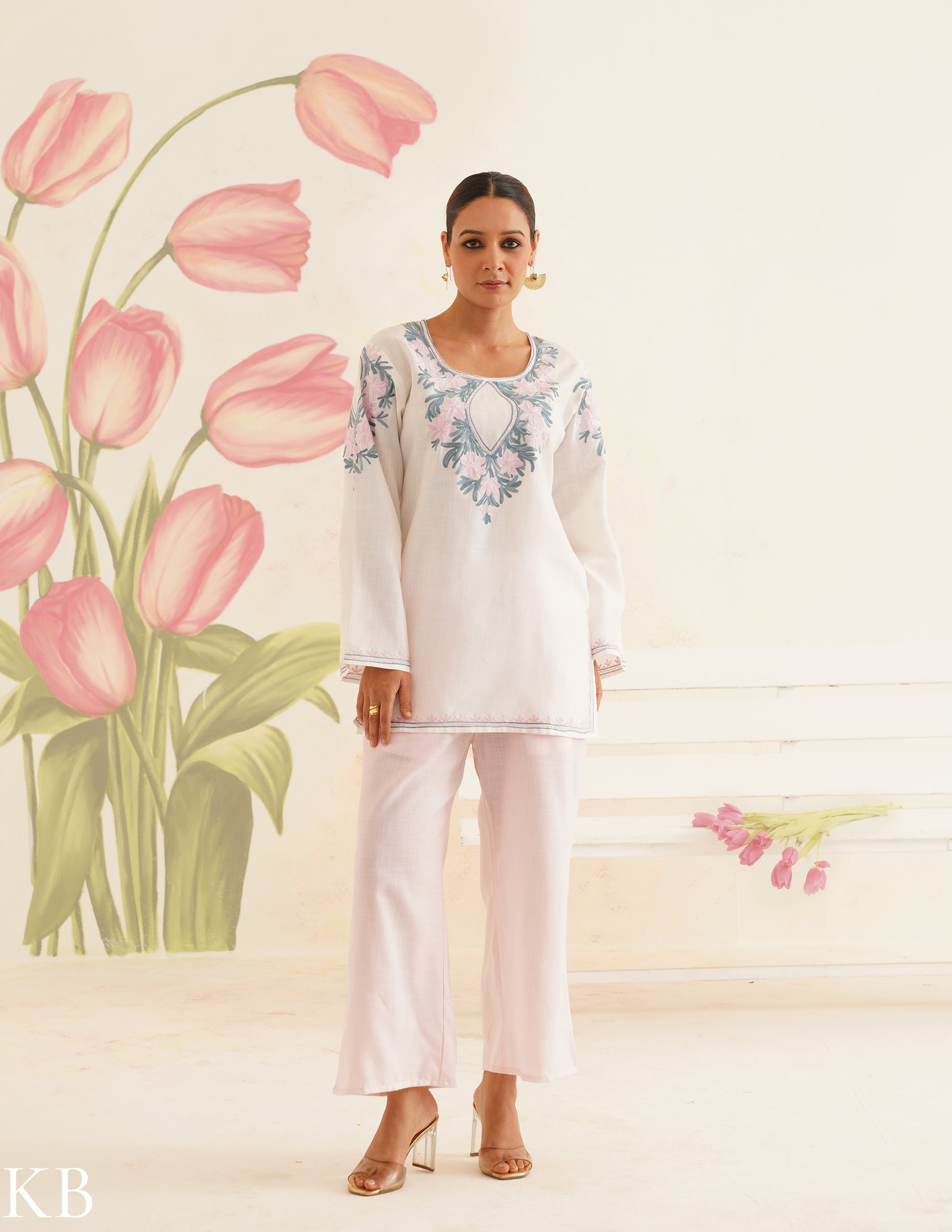 White Cotton Kurti with Pink and Blue Embroidery and Pink Pants | Bahaar Collection 2025 - Kashmir Box