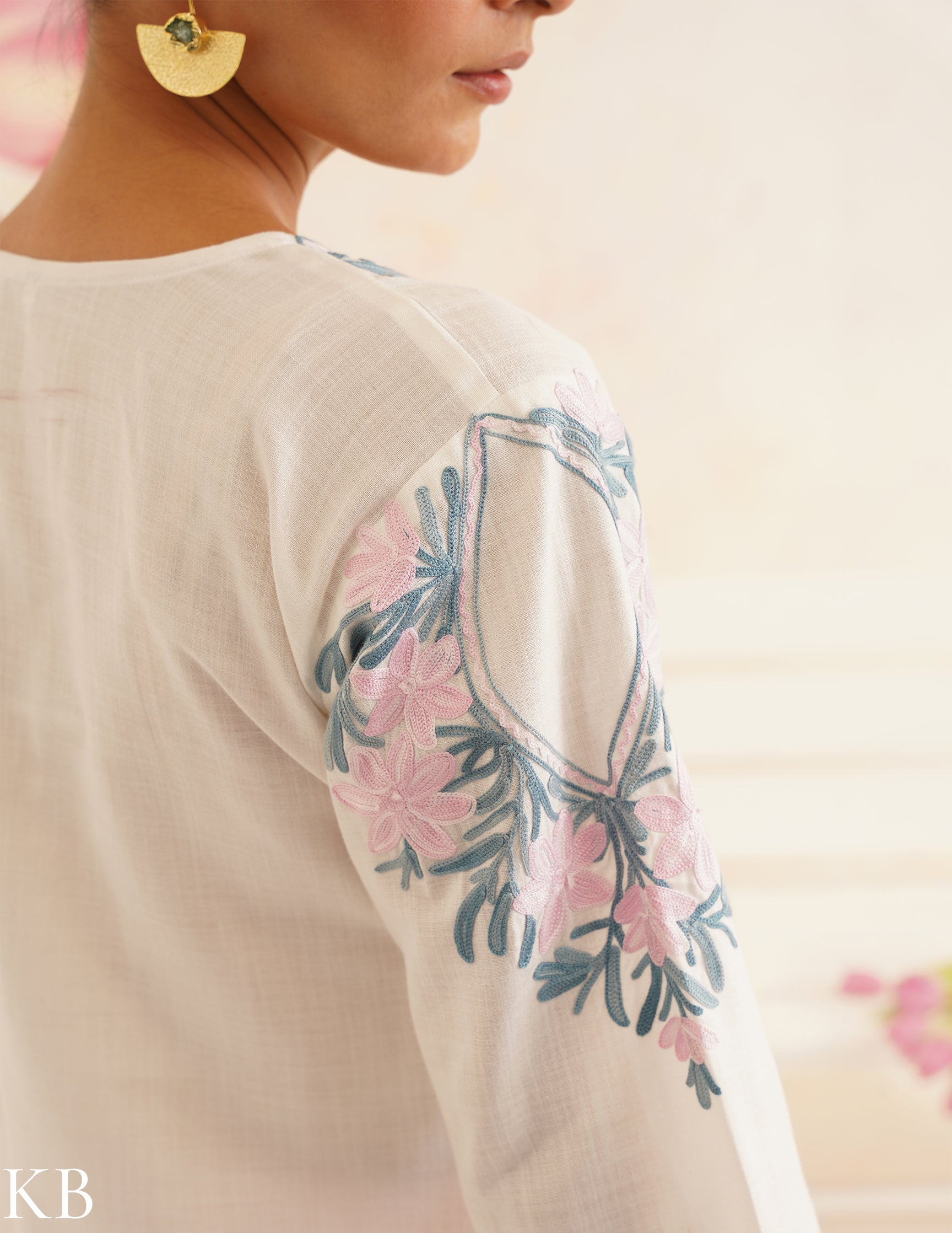 White Cotton Kurti with Pink and Blue Embroidery and Pink Pants | Bahaar Collection 2025 - Kashmir Box