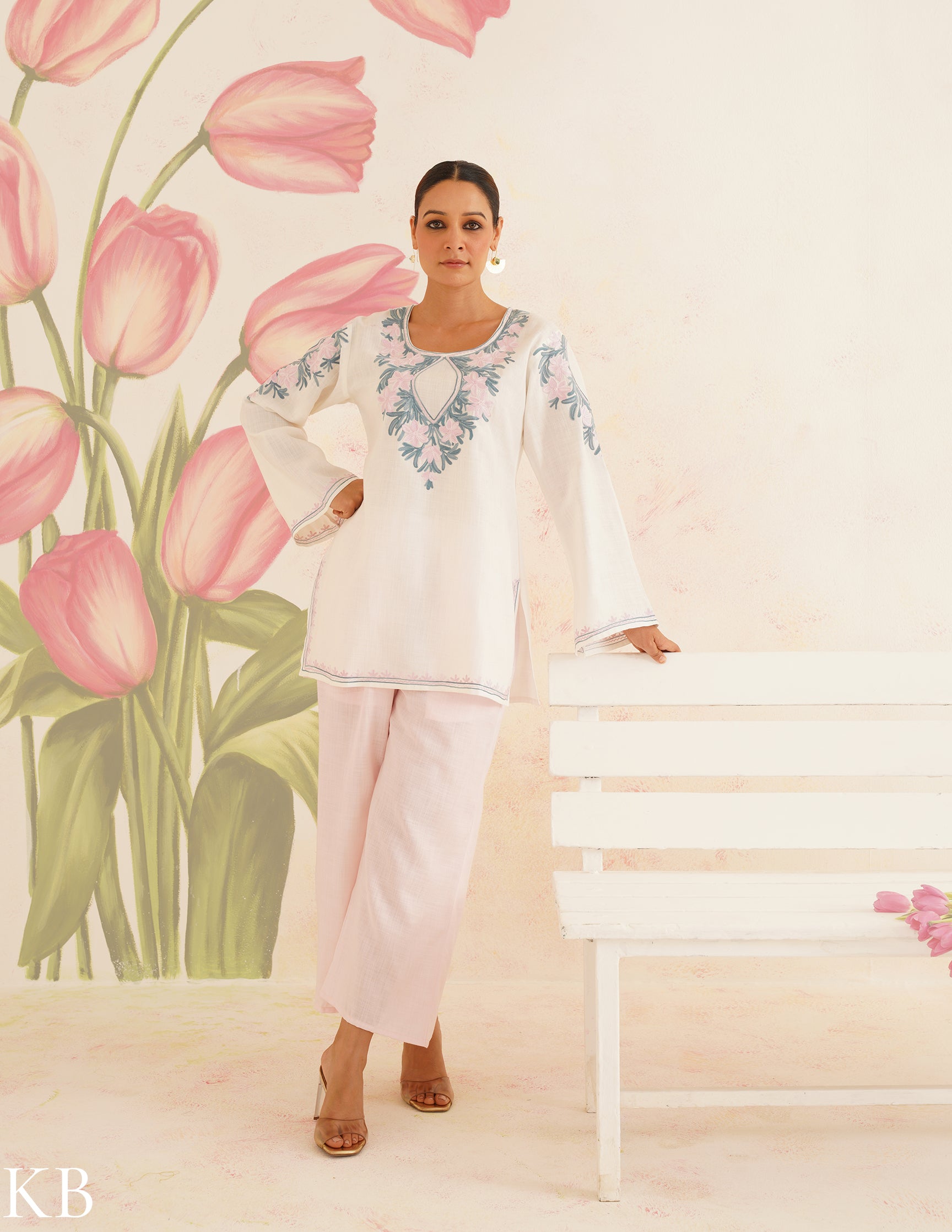White Cotton Kurti with Pink and Blue Embroidery and Pink Pants | Bahaar Collection 2025 - Kashmir Box