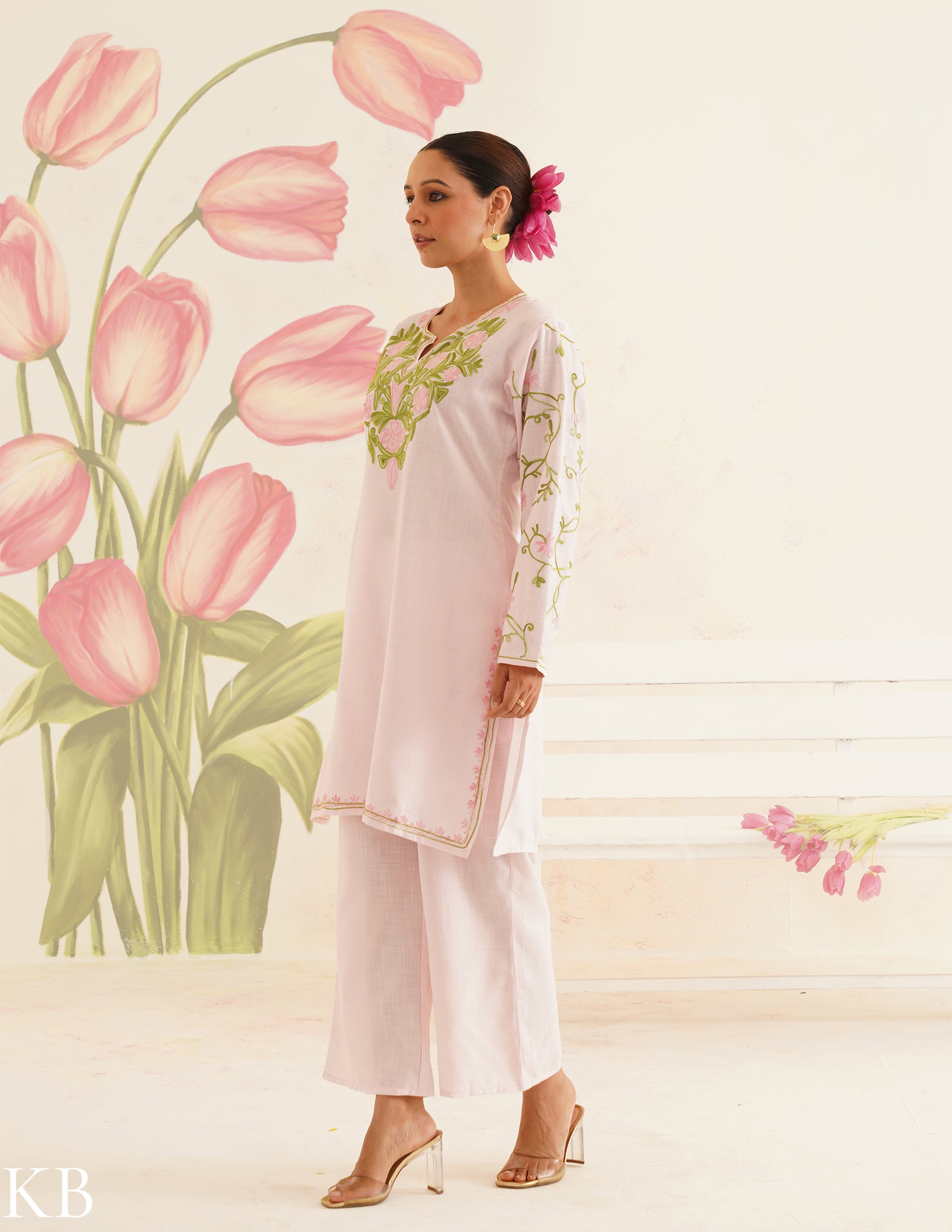 Baby Pink Cotton Coordset with Floral Embroidery | Bahaar Collection 2025 - Kashmir Box